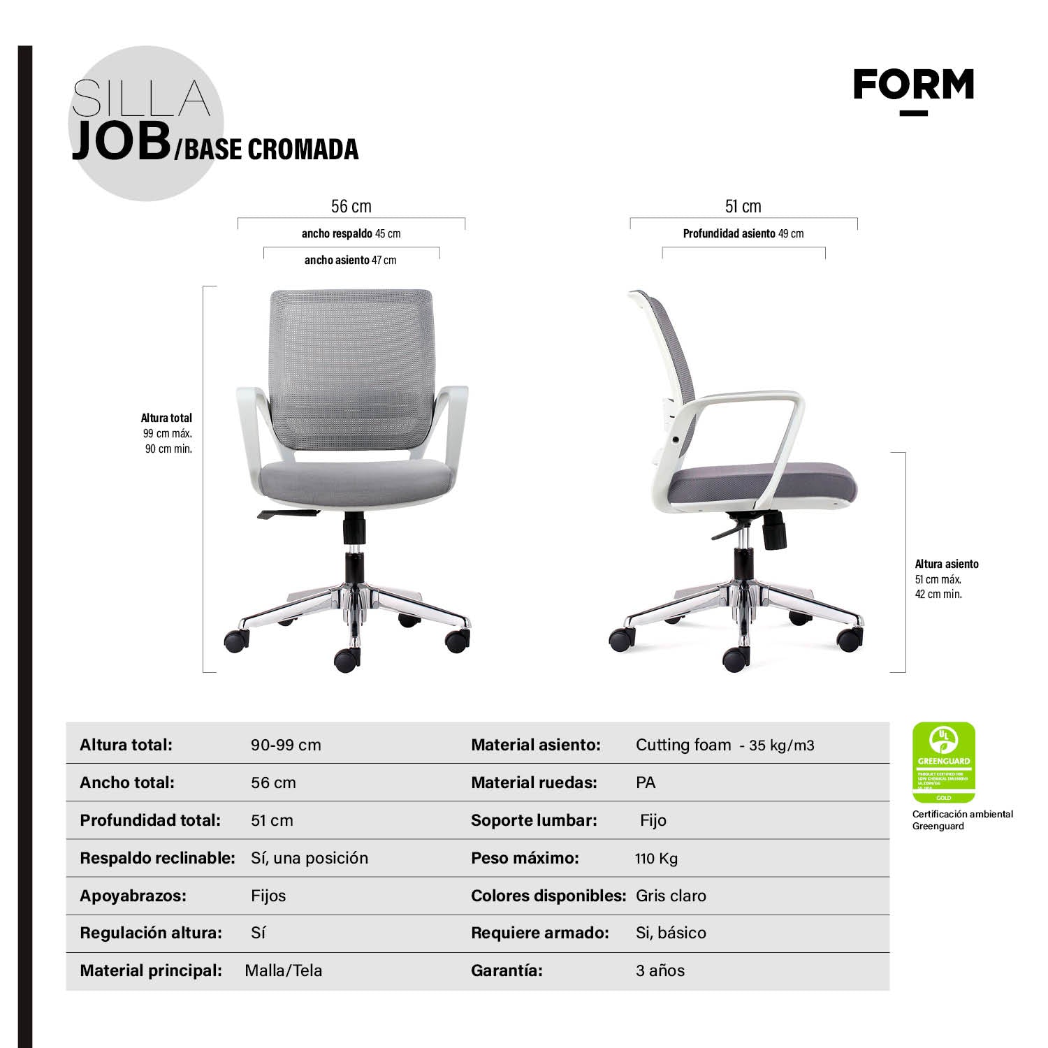 Silla Oficina Job Base Cromada Gris Claro - Form Design