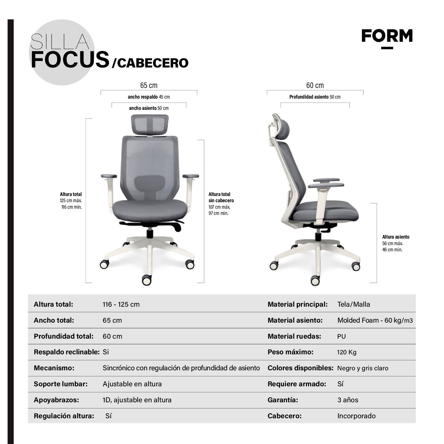 Silla Oficina Focus Gris Claro con cabecero - Form Design