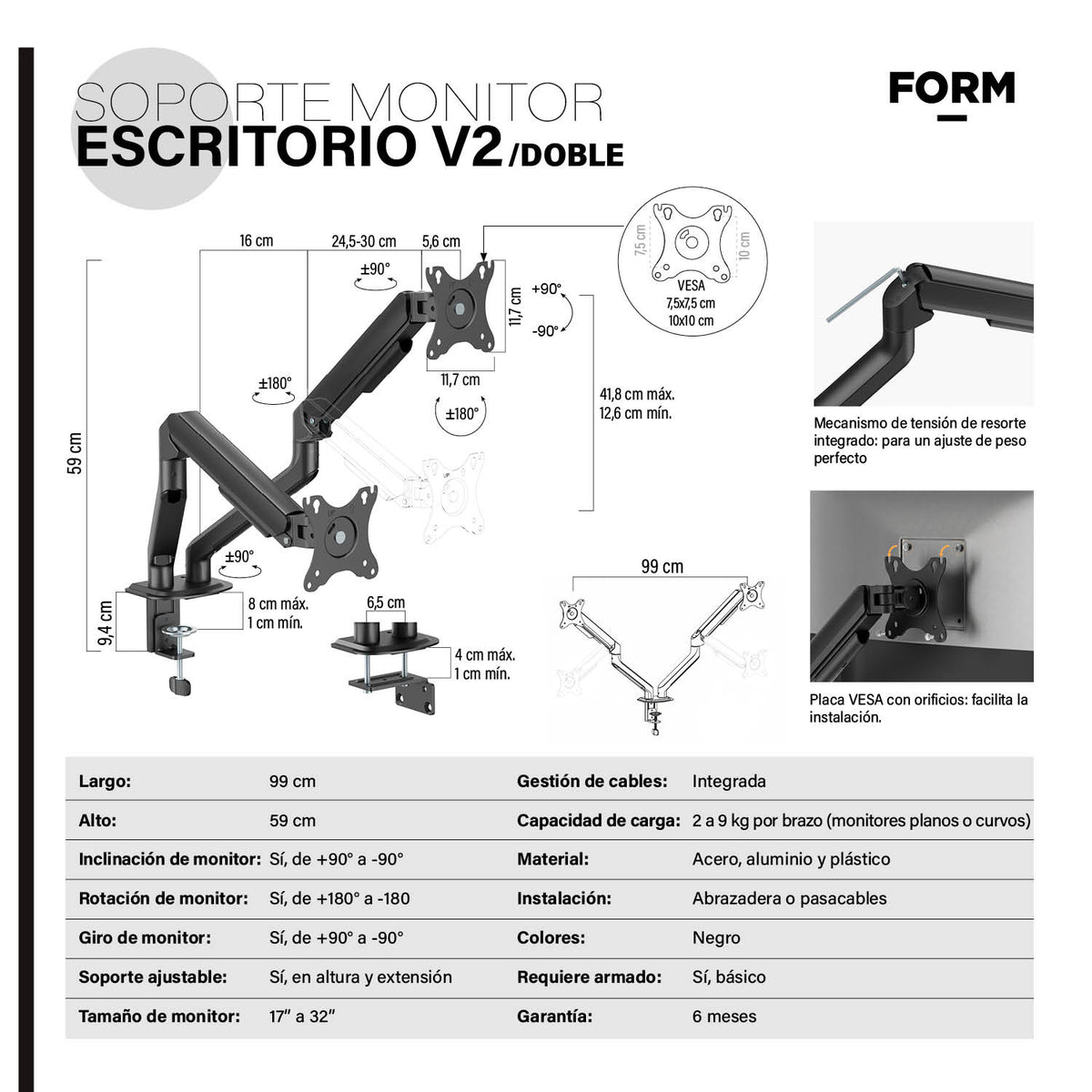 Soporte Monitor Escritorio Doble V2 Negro