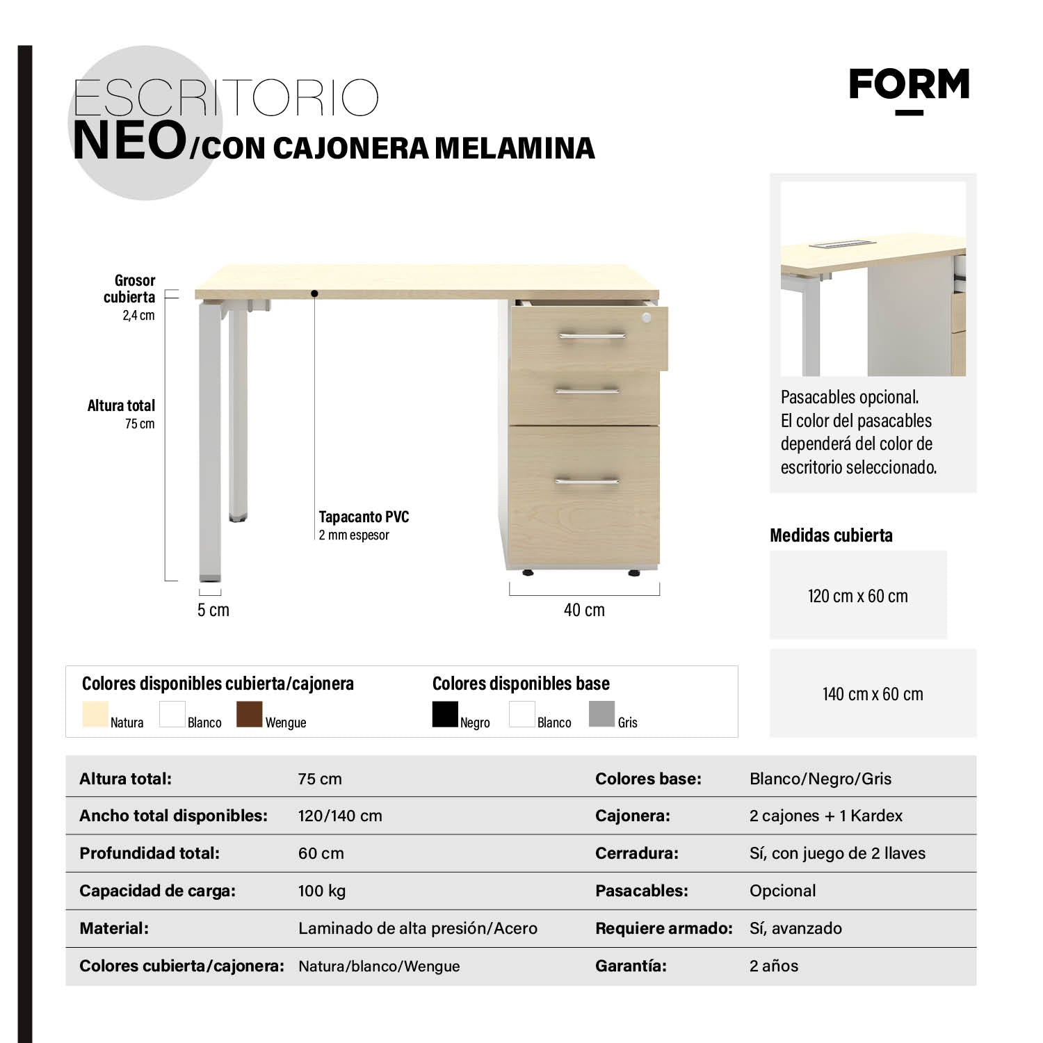 Escritorio Neo con pasacables 120x60 con cajonera melamina - Form Design