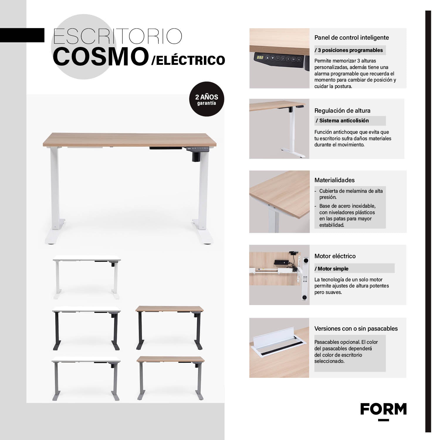 Escritorio Cosmo Eléctrico con Pasacables 160x70