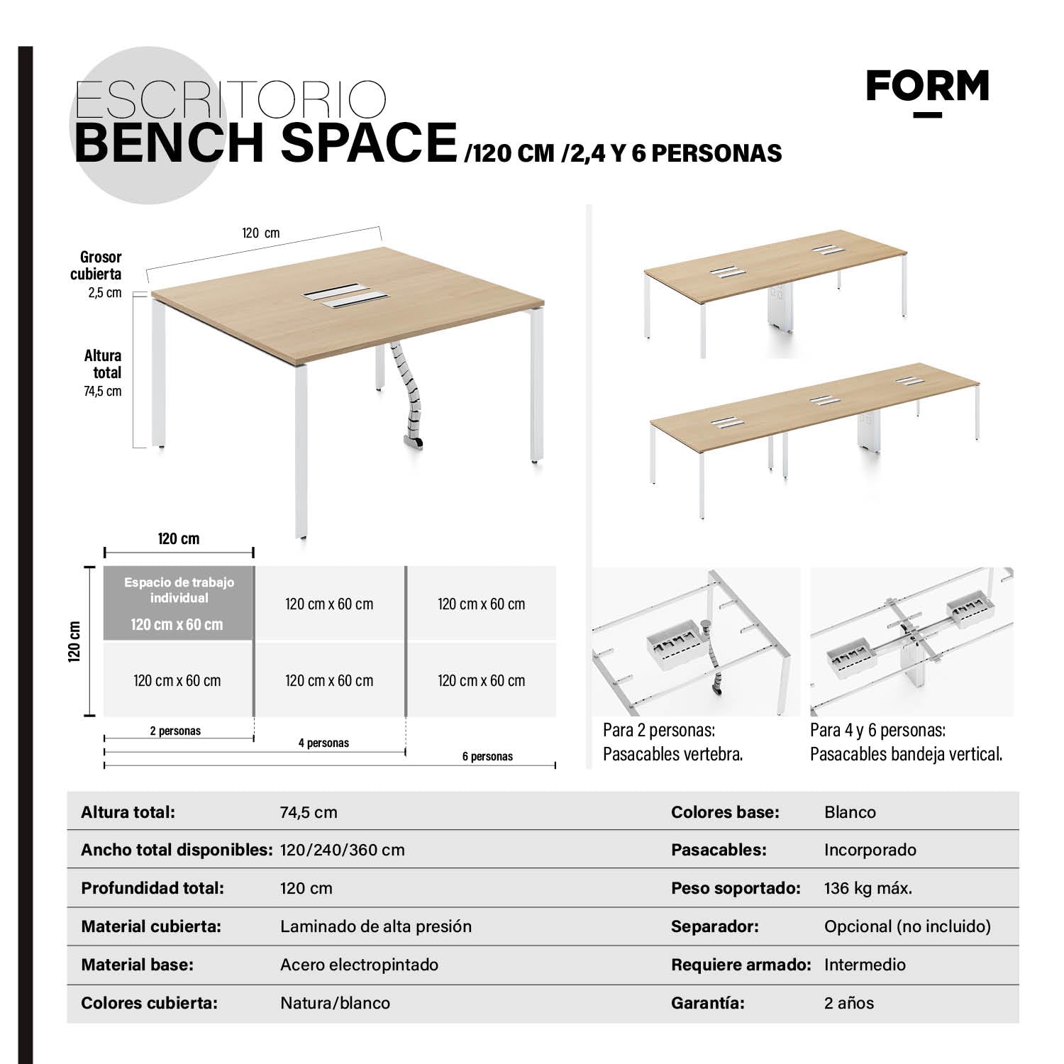 Escritorio Space con pasacables 120 Bench Natura/Blanco 4 pers