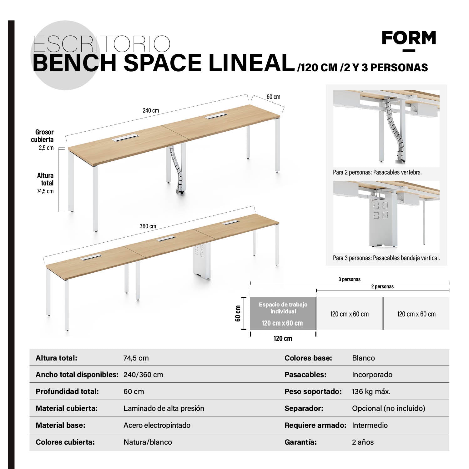 Escritorio Space con pasacables 120 Bench Lineal Natura/Blanco 2 pers