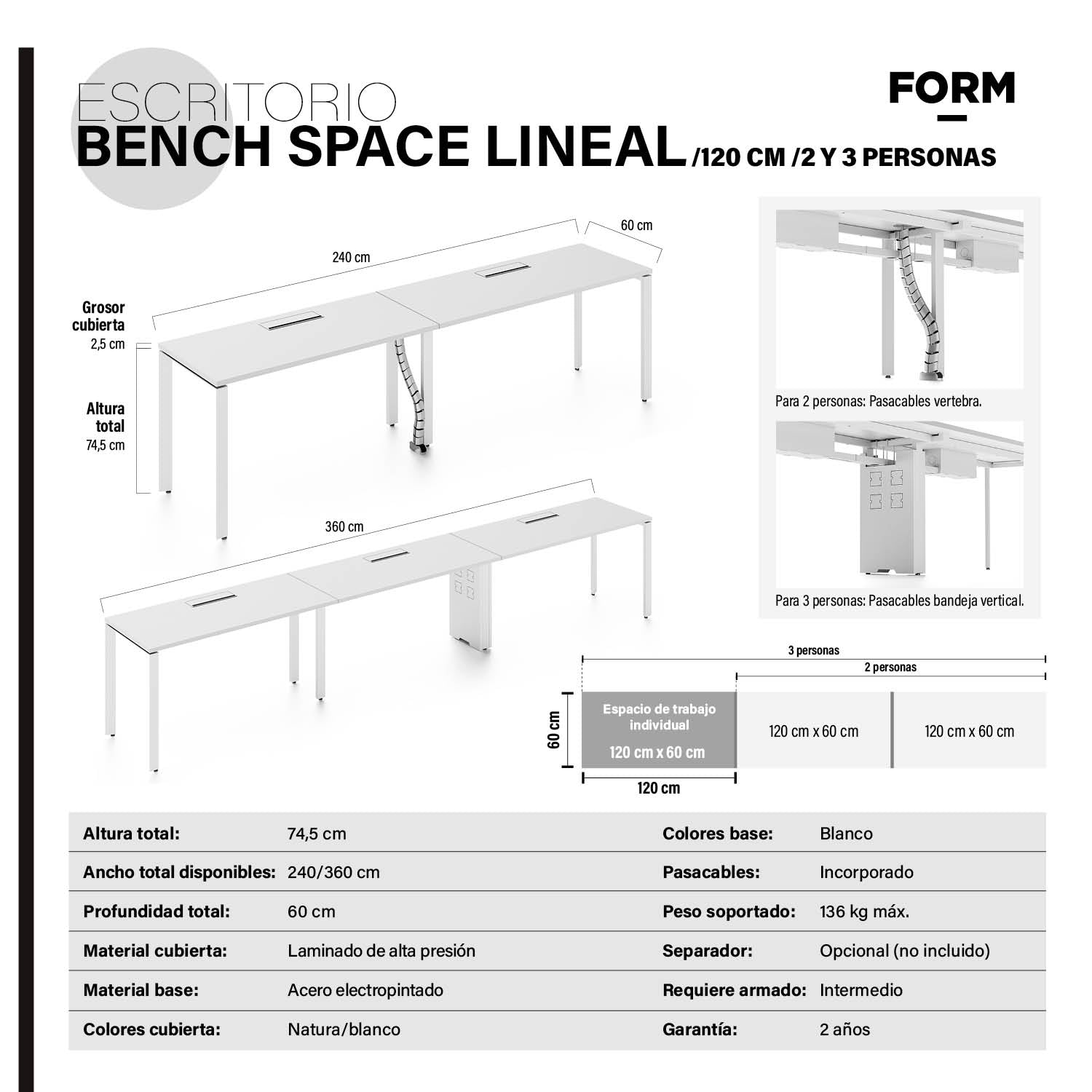 Escritorio Space con pasacables 120 Bench Lineal Blanco/Blanco 3 pers