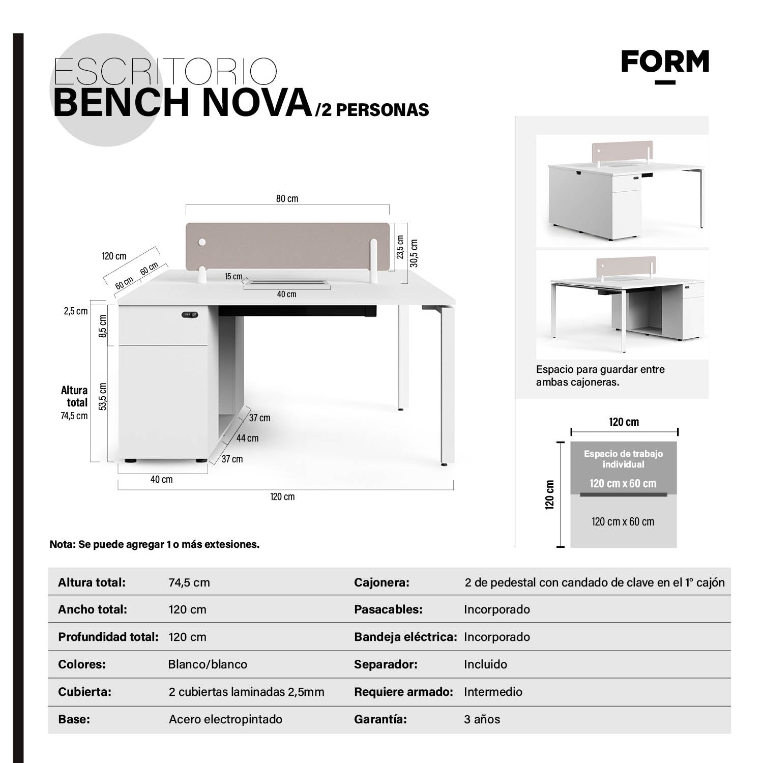 Escritorio Nova 120 Bench 2 pers Blanco/Blanco