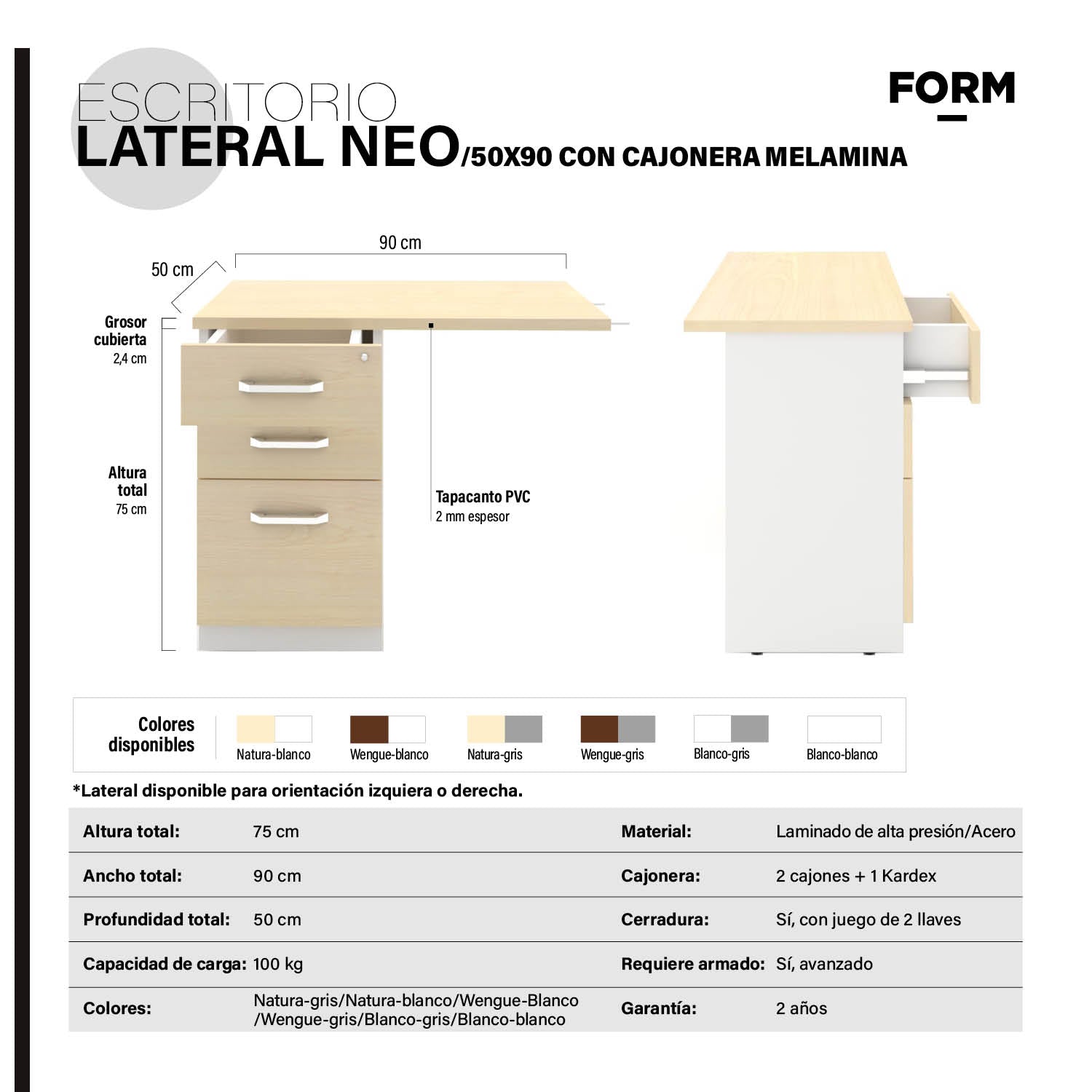 Escritorio Lateral Neo 50x90 con cajonera melamina