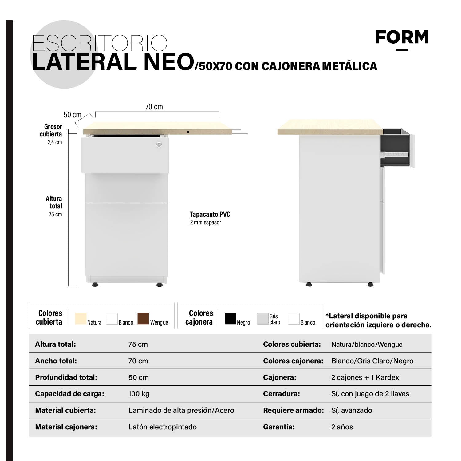 Escritorio Lateral Neo 50x70 con cajonera metálica