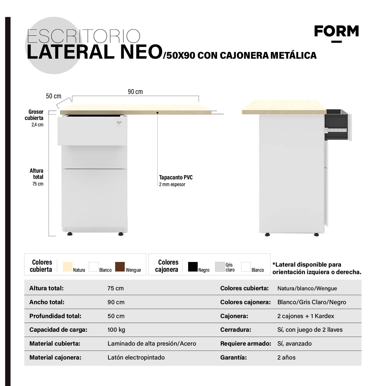 Escritorio Lateral Neo 50x90 con cajonera metálica