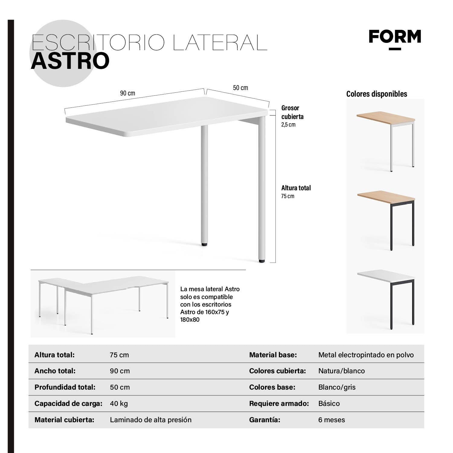 Escritorio Lateral Astro 50x90 Natura/Gris