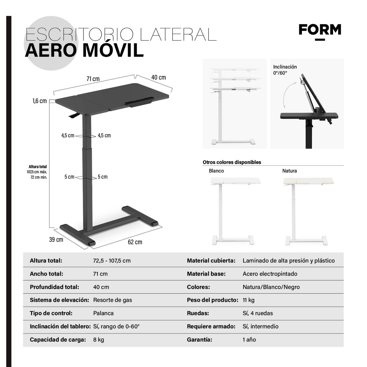 Escritorio Lateral Aero Móvil Negro