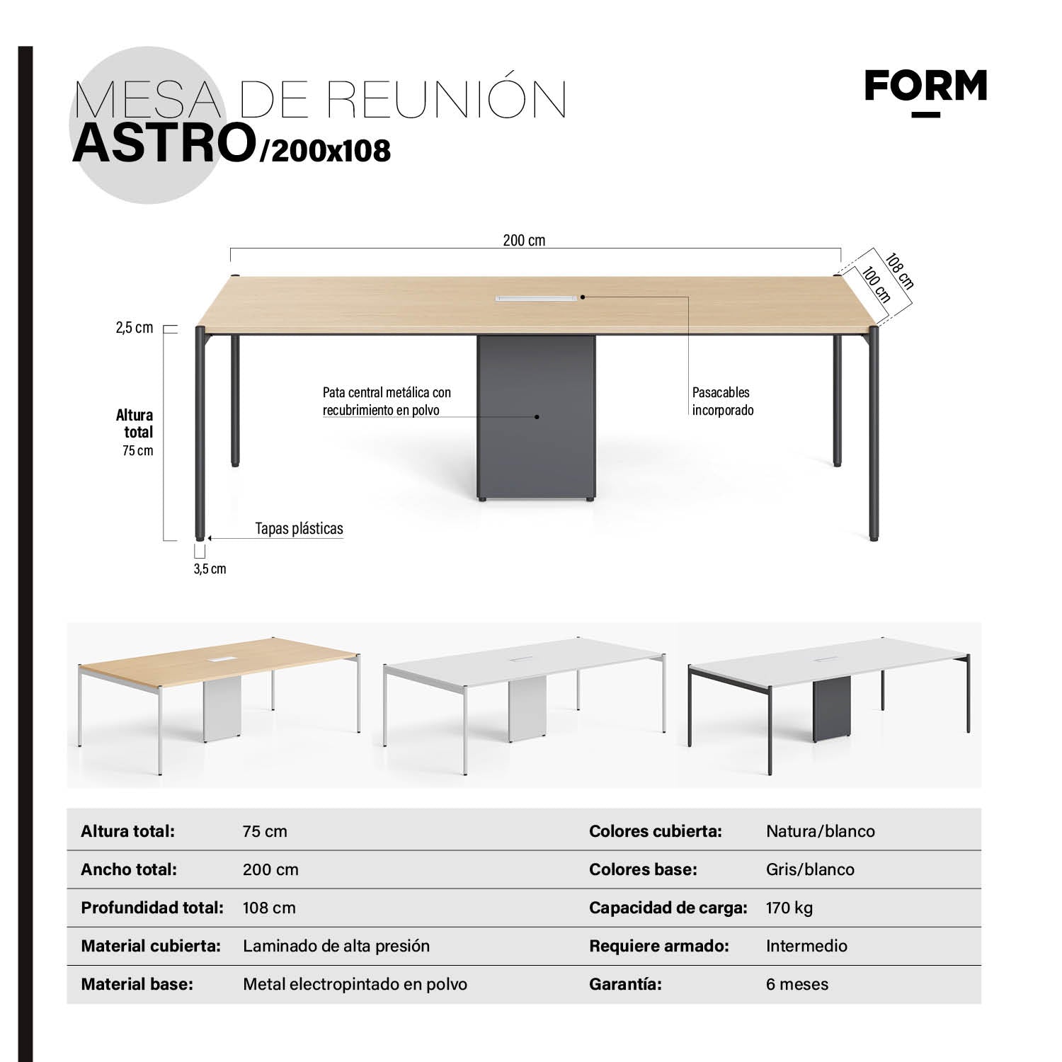Mesa Oficina Reunión Astro 200x108 Natura/Blanco