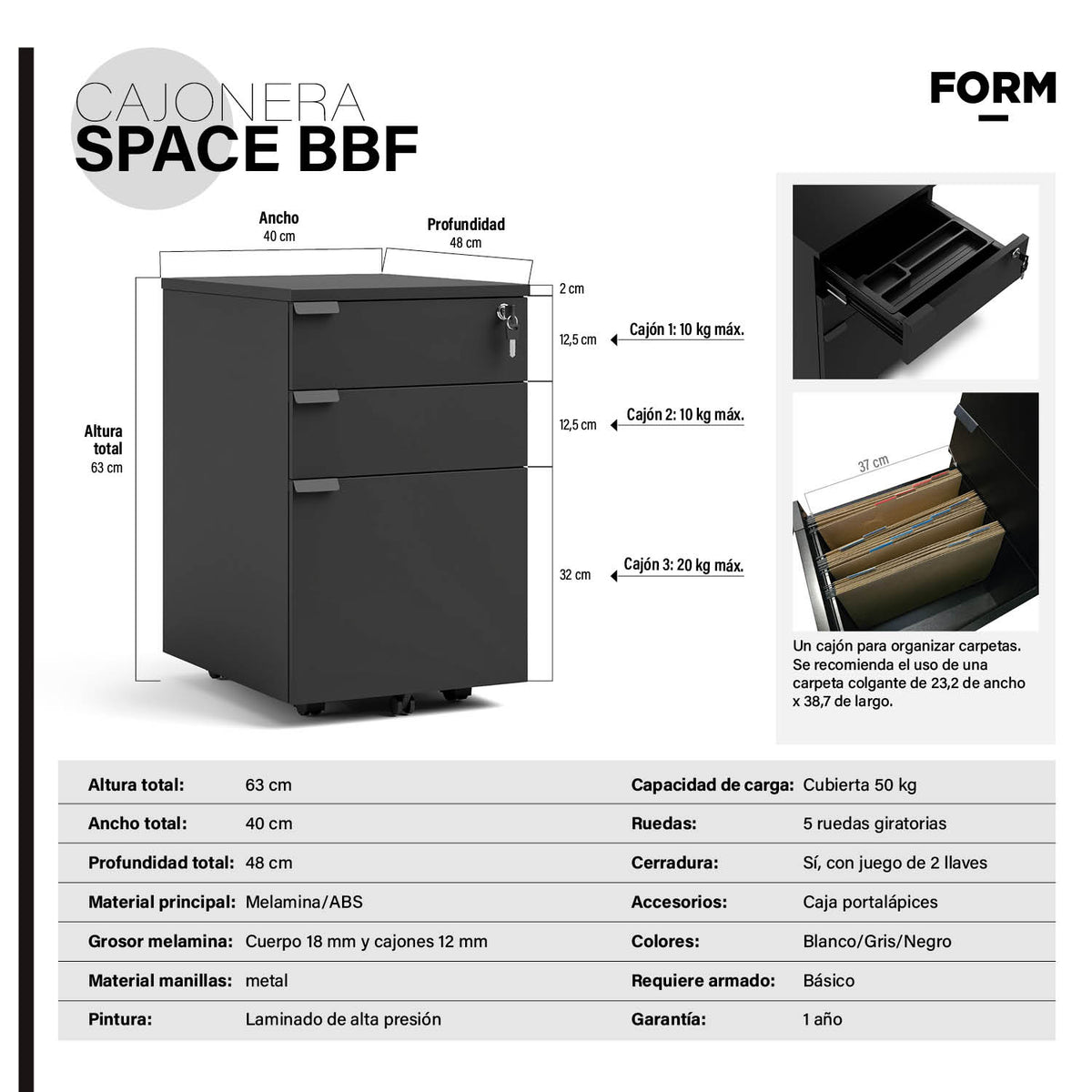 Cajonera Melamina Space BBF Negro