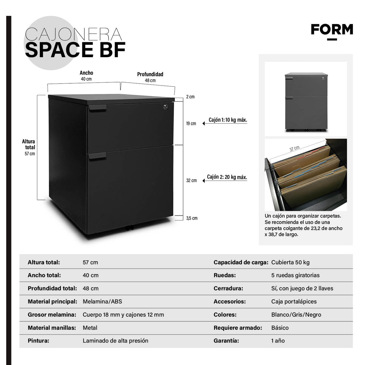 Cajonera Melamina Space BF Negro