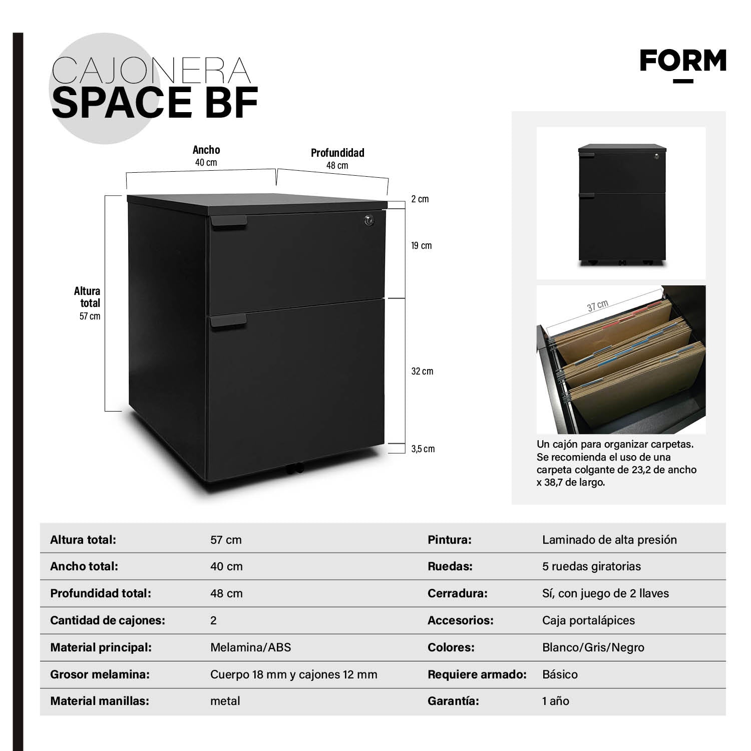Cajonera Melamina Space BF Negro