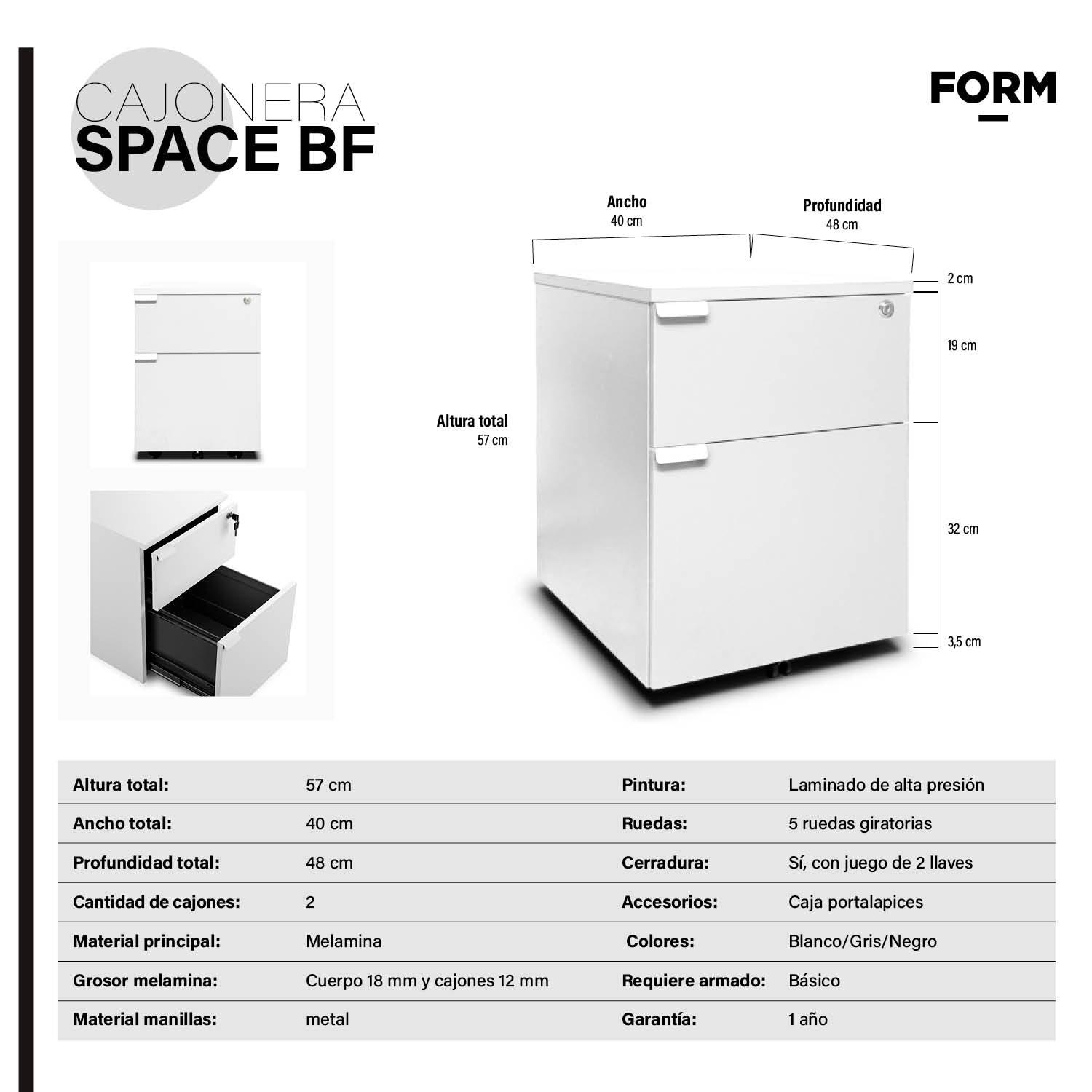 Cajonera Melamina Space BF Blanco