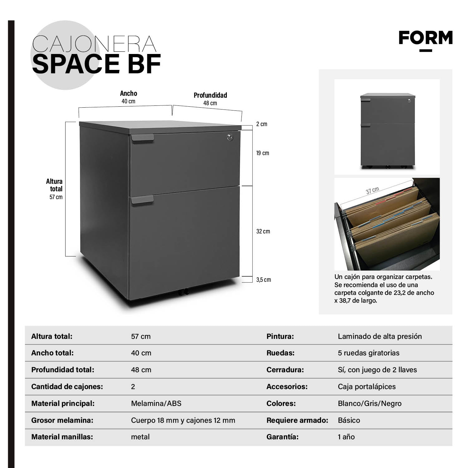 Cajonera Melamina Space BF Gris