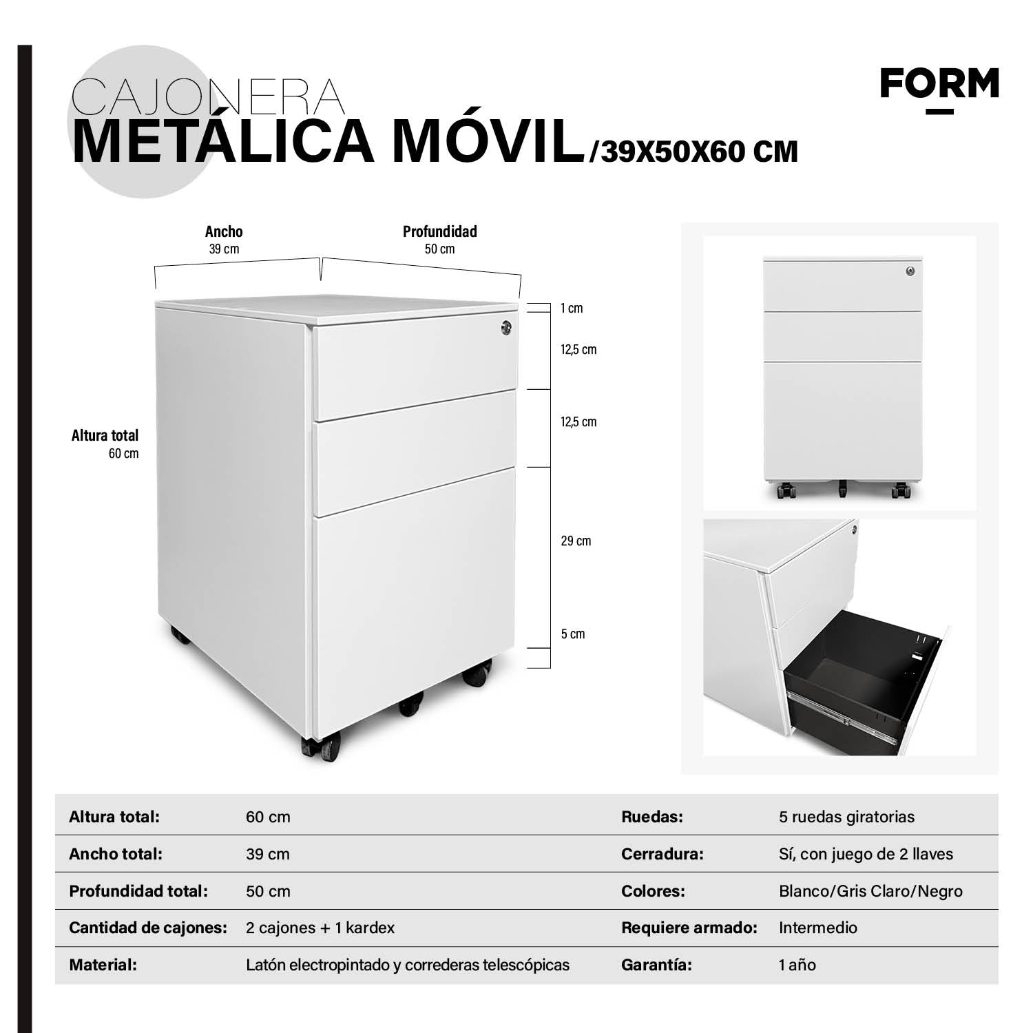Cajonera Metálica Móvil 39x50x60 cm Blanco