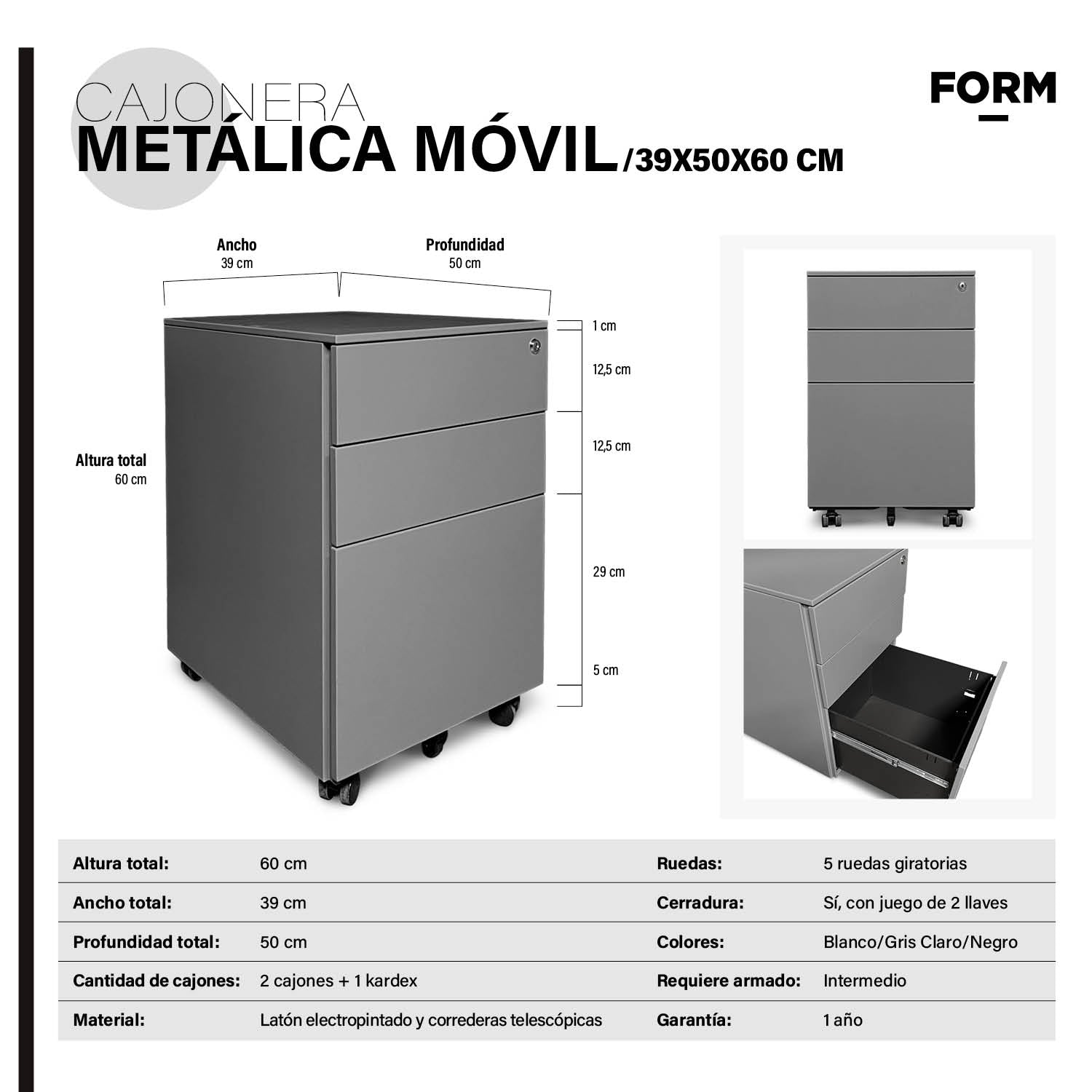 Cajonera Metálica Móvil 39x50x60 cm Gris Claro