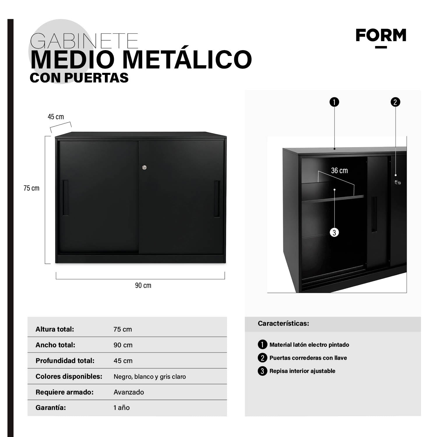 Gabinete Oficina Medio Metálico Con puertas Negro