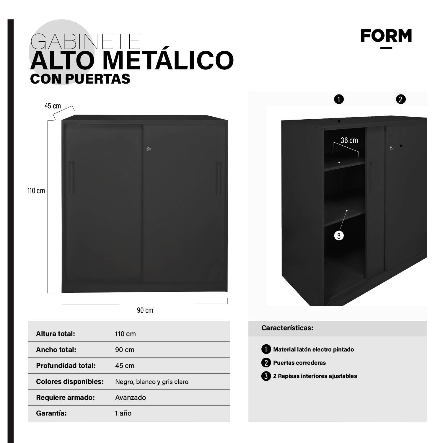 Gabinete Oficina Alto Metálico Con puertas Negro