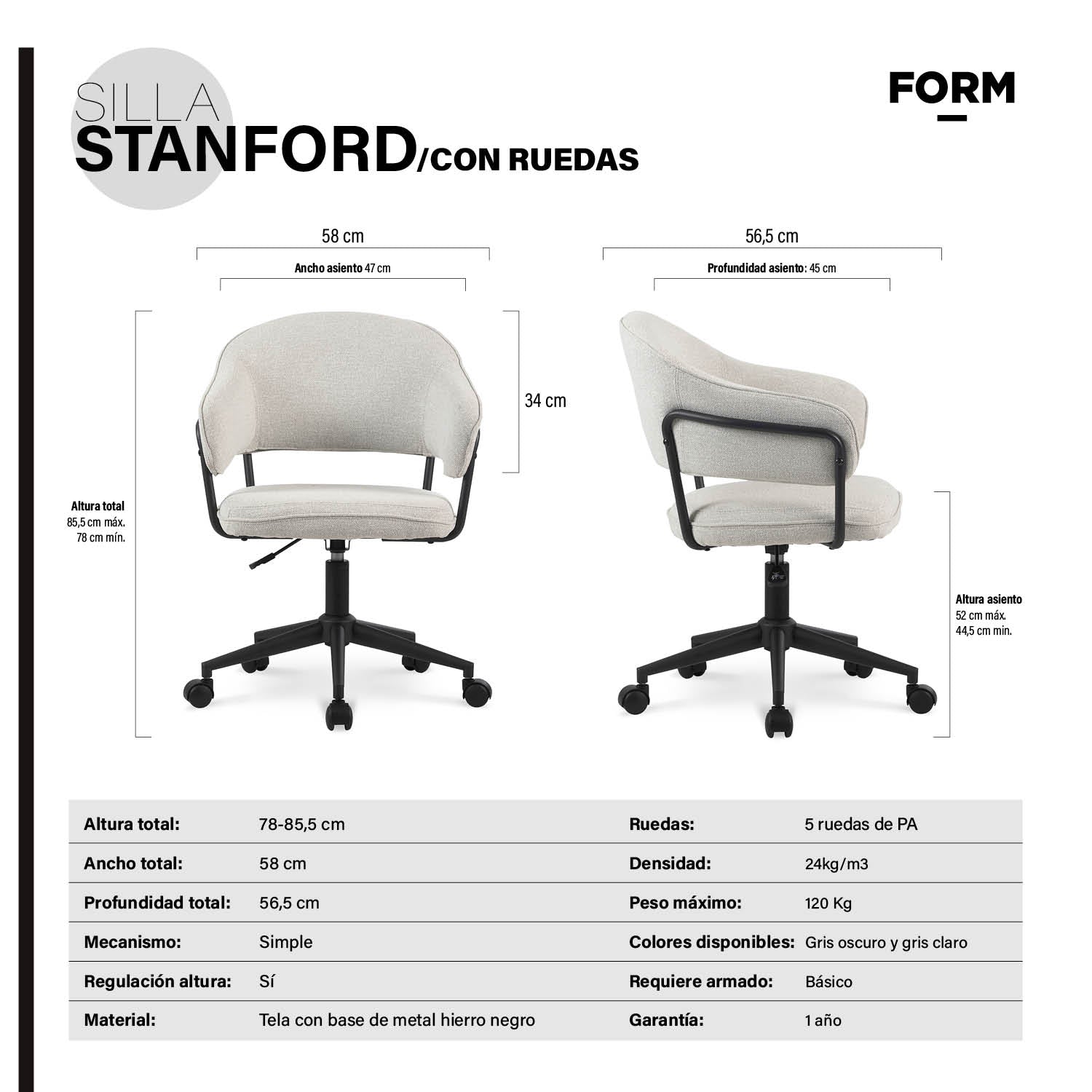 Silla de Oficina Stanford Gris Claro con ruedas - Form Design