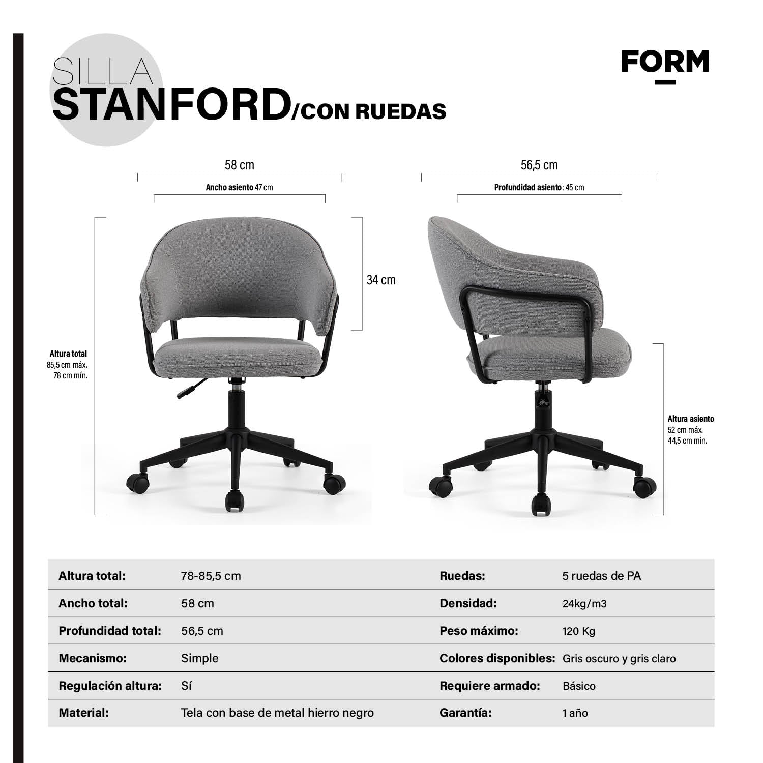 Silla Home Office Stanford con ruedas Gris Oscuro - Form Design