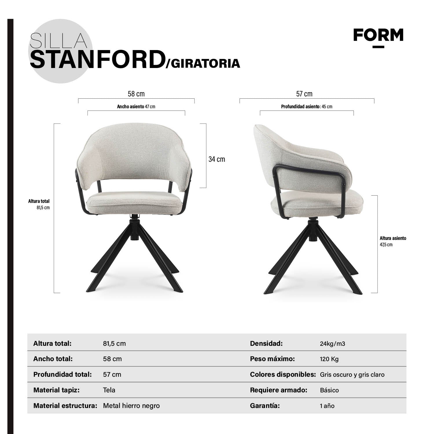 Silla de Oficina Stanford Gris Claro Giratoria - Form Design