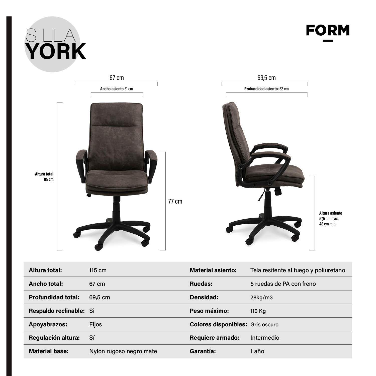Silla Diseño Home Office York Gris Oscuro - Form Design