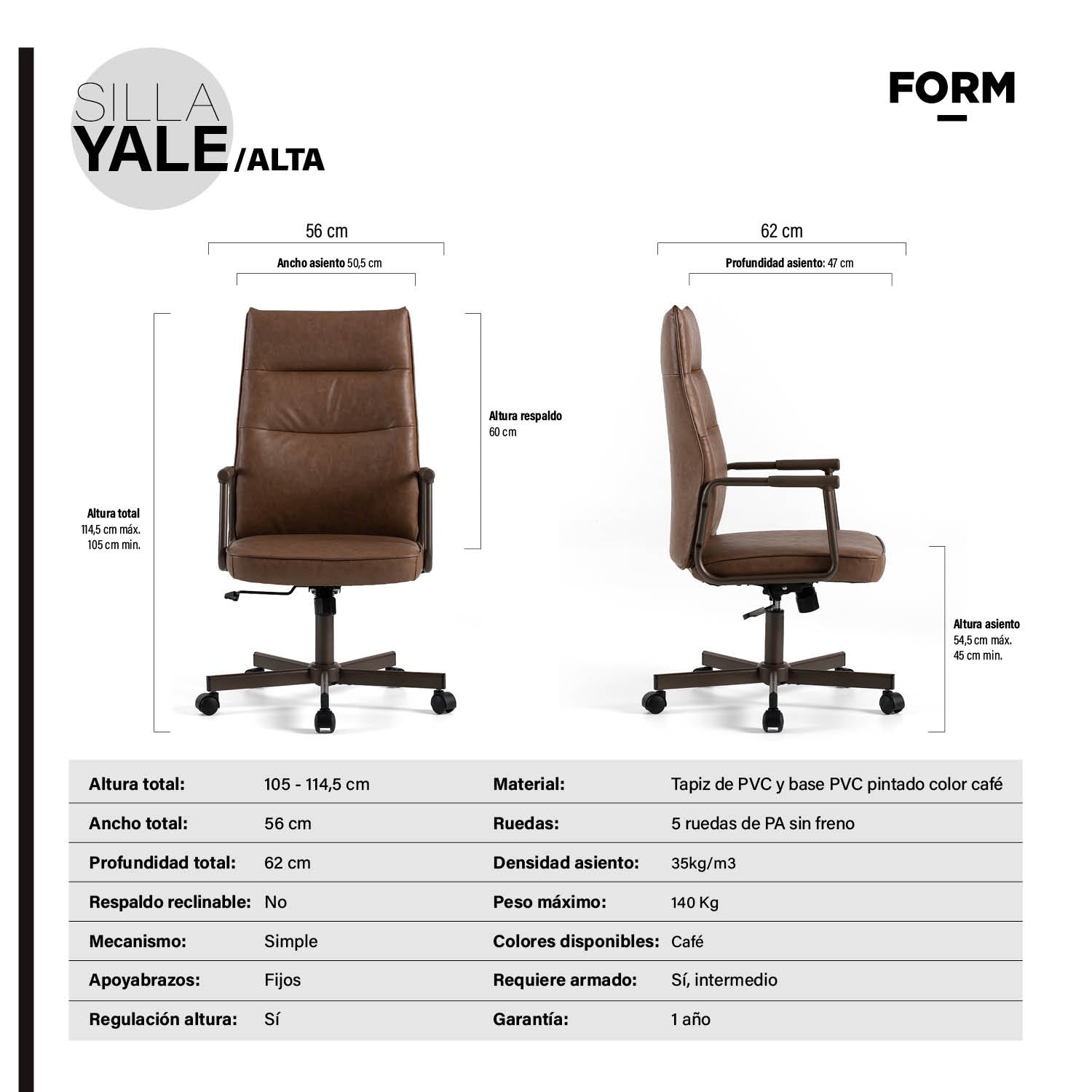 Silla Diseño Home Office Yale Alta Café