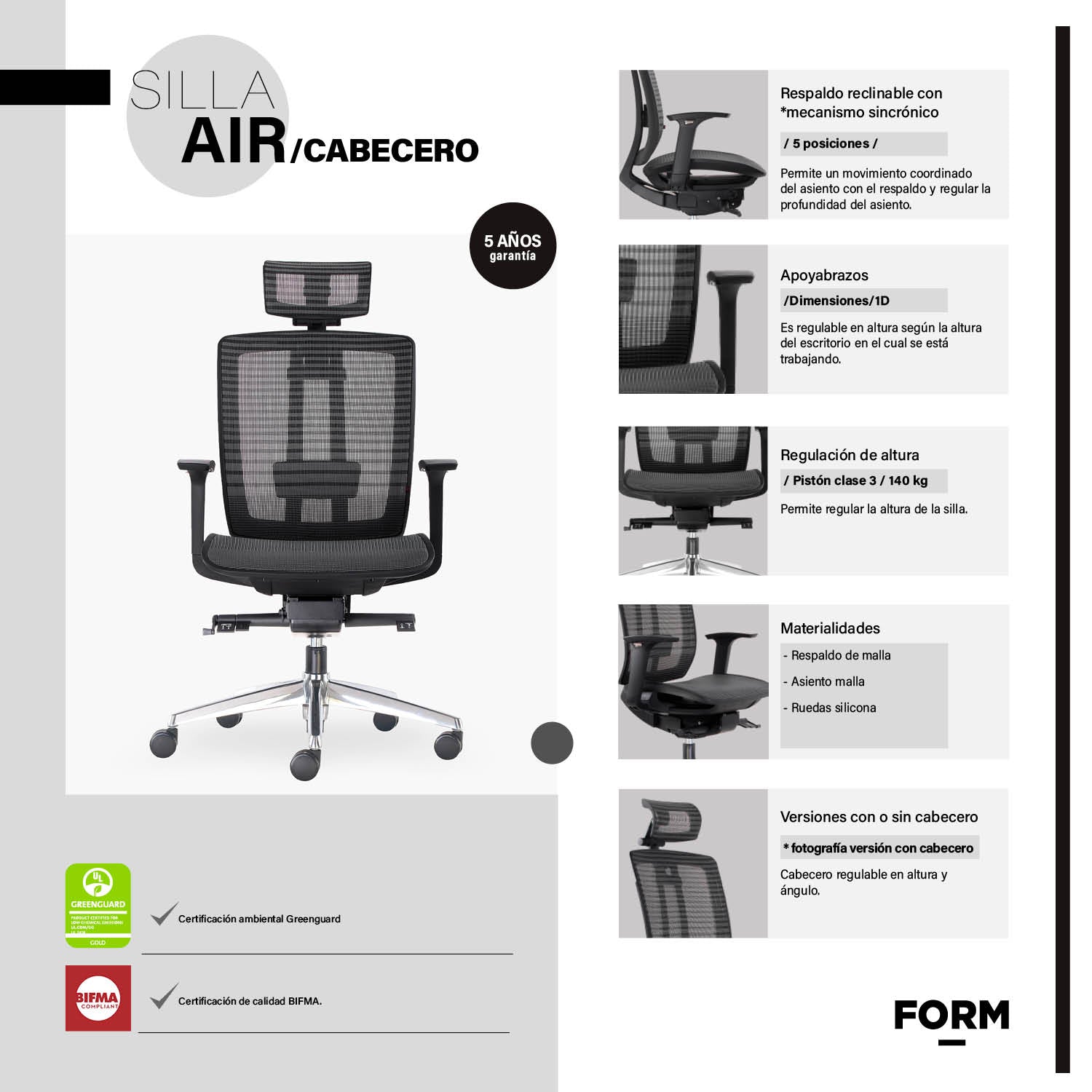 Silla Oficina Air con cabecero Gris Oscuro