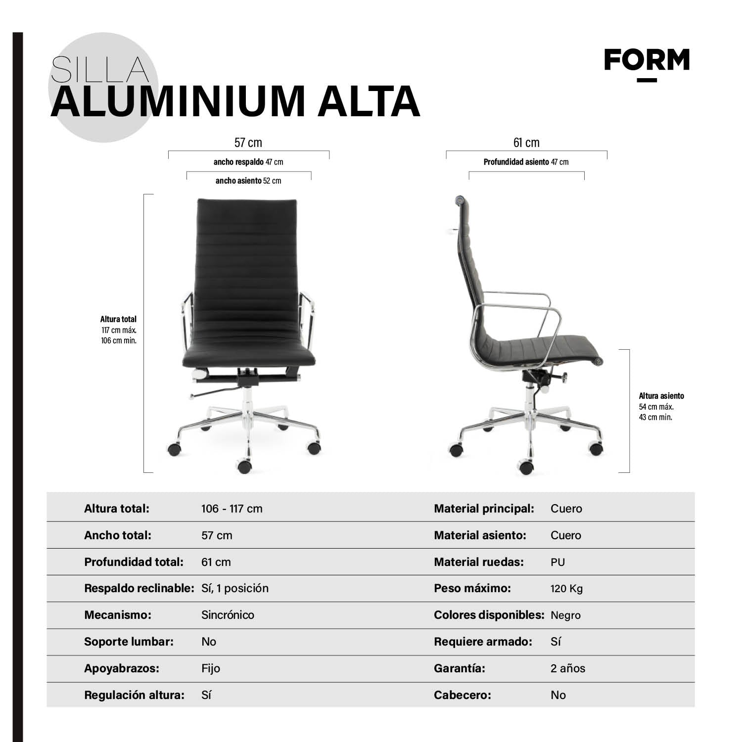 Silla Oficina Aluminium Alta