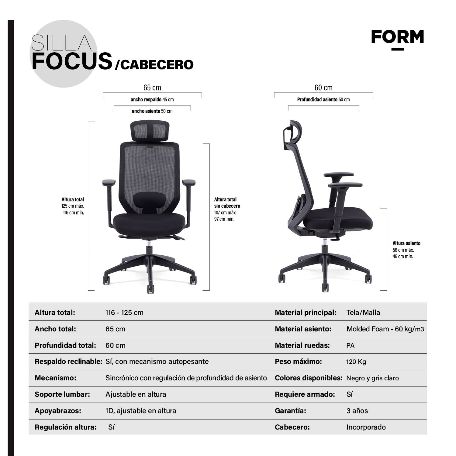 Silla Oficina Focus Negro con cabecero