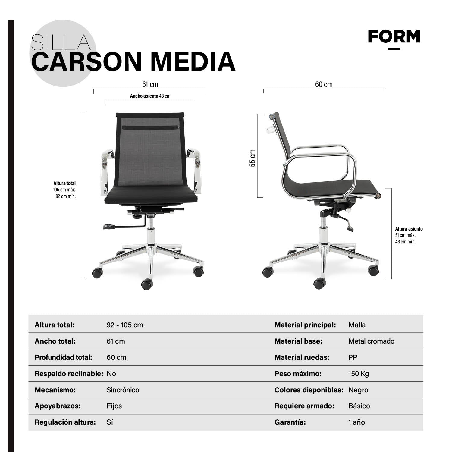 Silla oficina Carson Media Negro