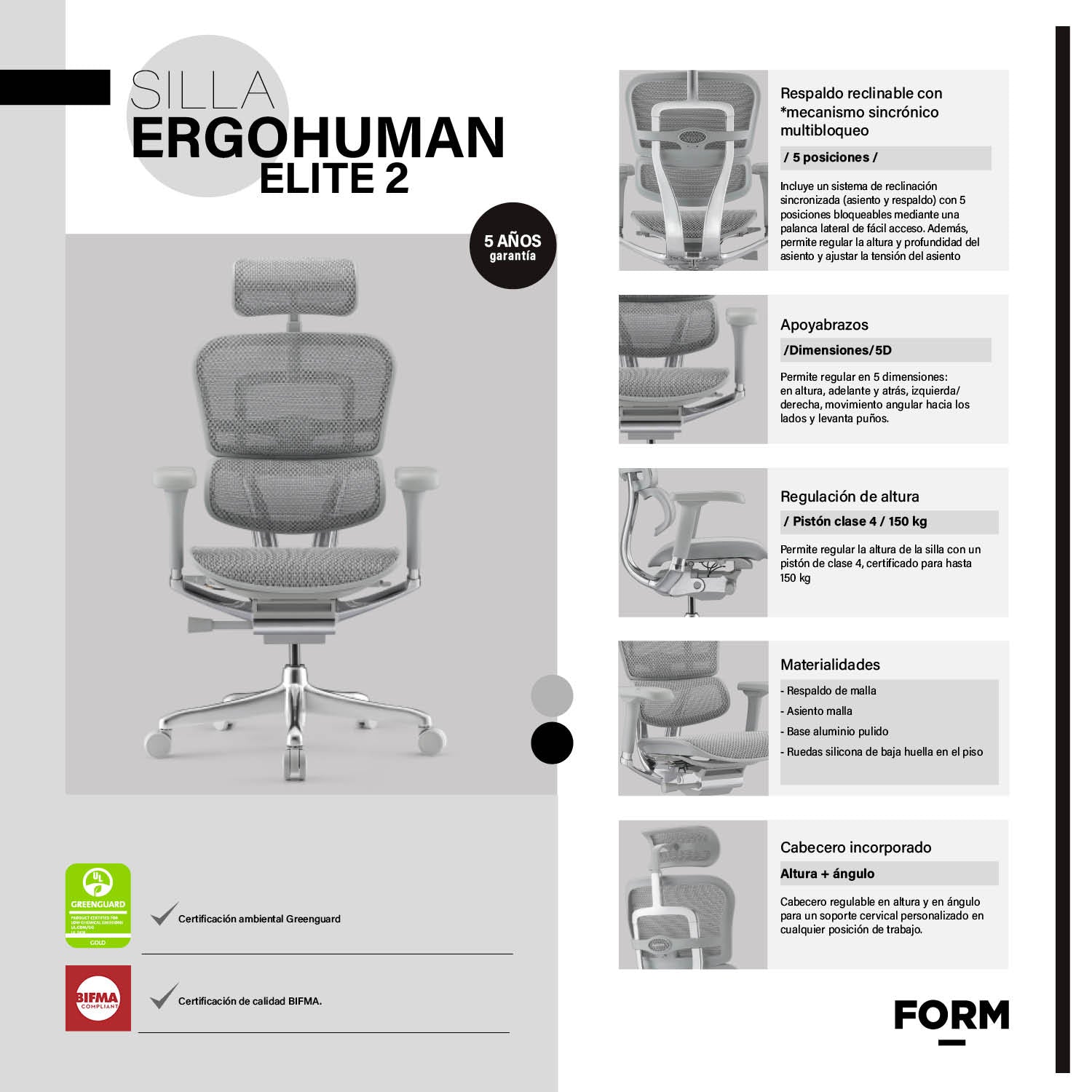 Silla Ergohuman Elite 2 Gris Claro c/cabecero