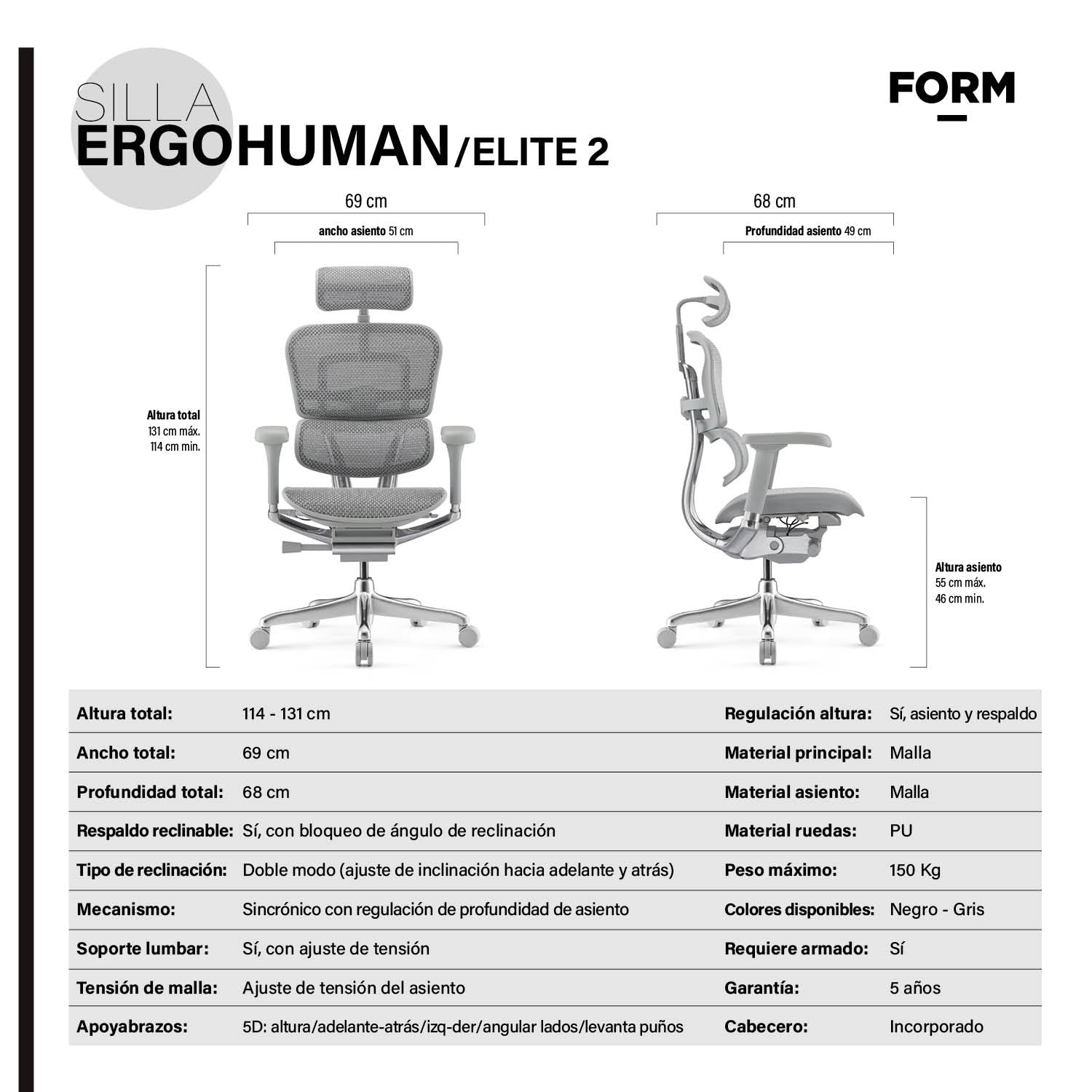 Silla Ergohuman Elite 2 Gris Claro c/cabecero