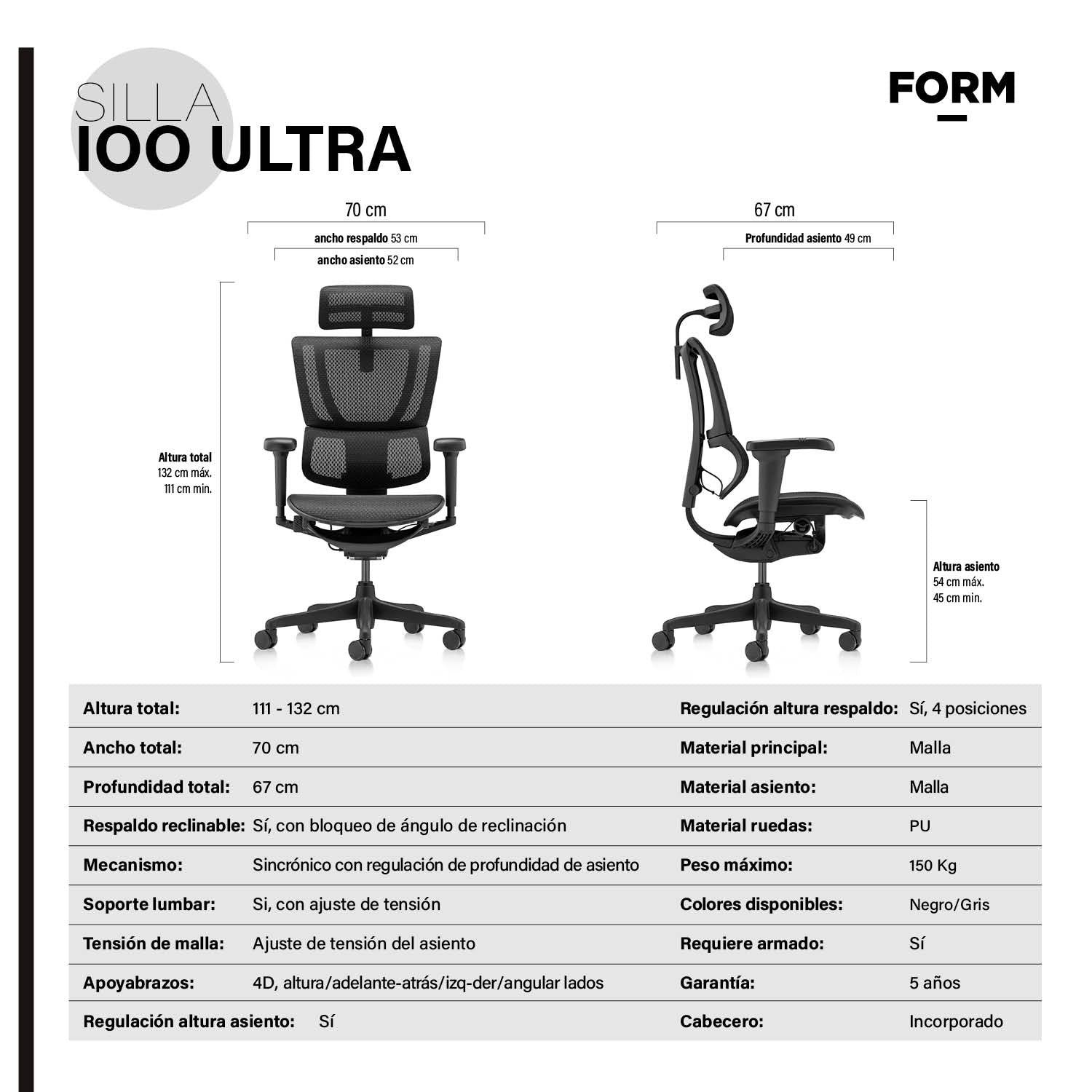 Silla IOO Ultra Negro c/cabecero