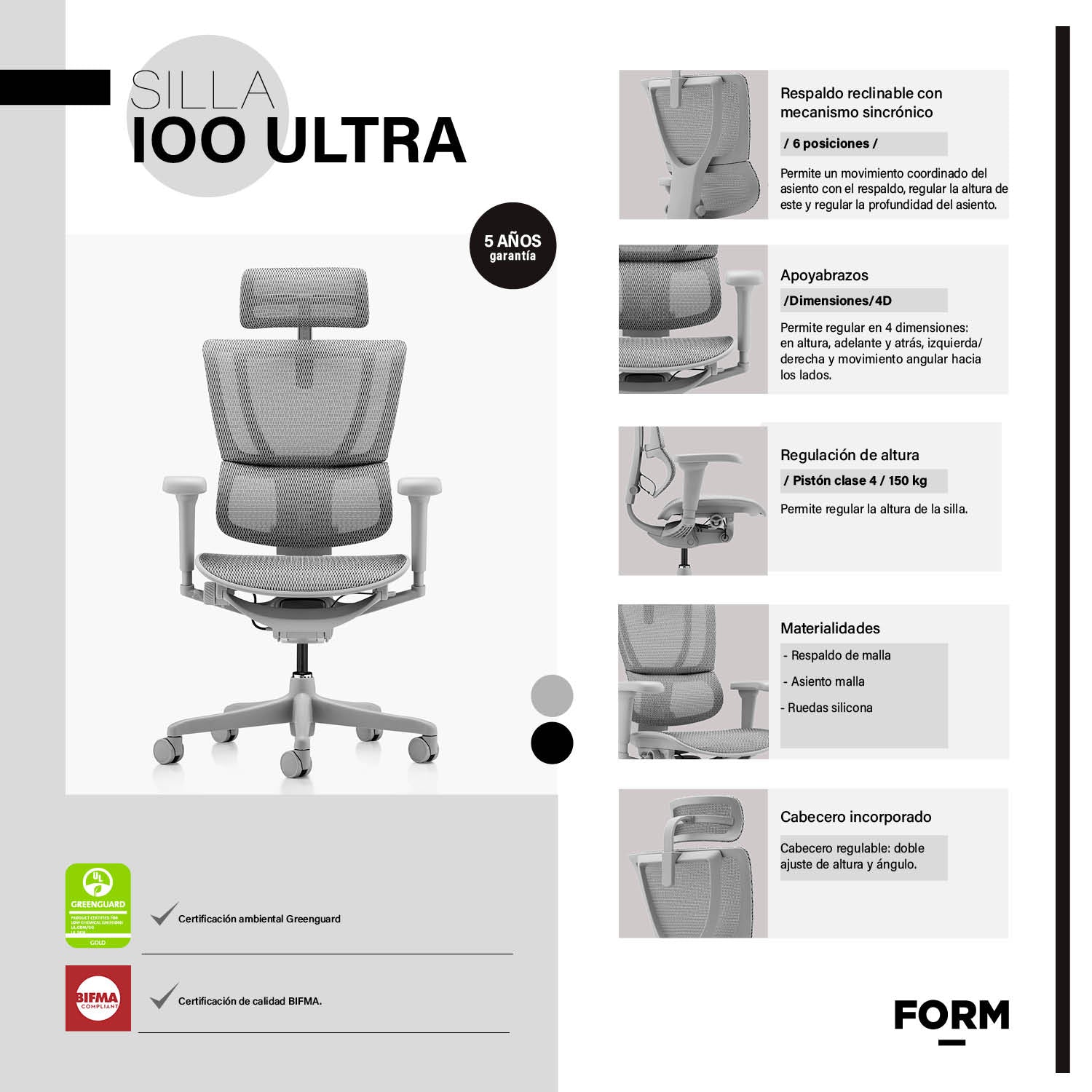 Silla IOO Ultra Gris claro c/cabecero