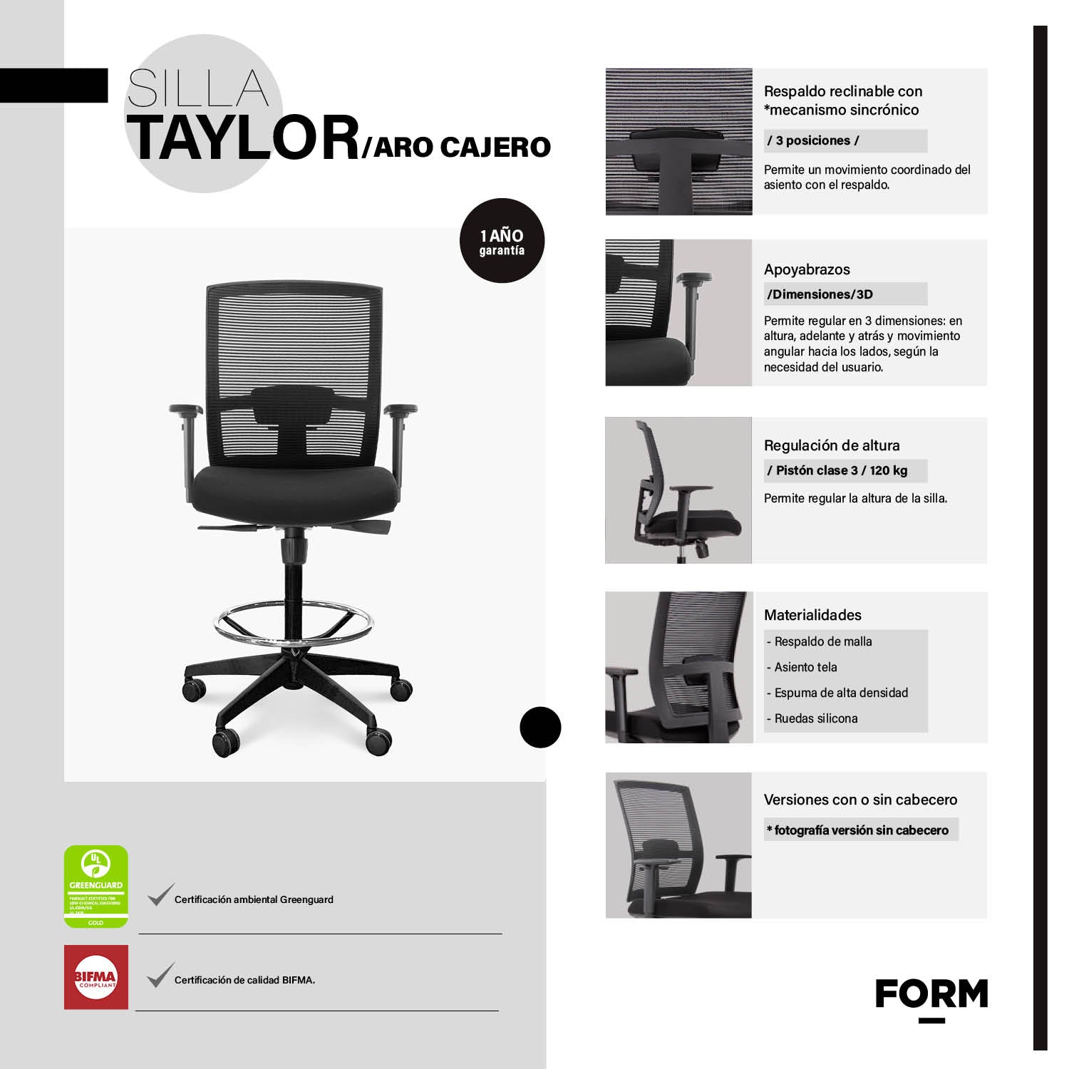 Silla Oficina Taylor con Aro Cajero Negro - Form Design