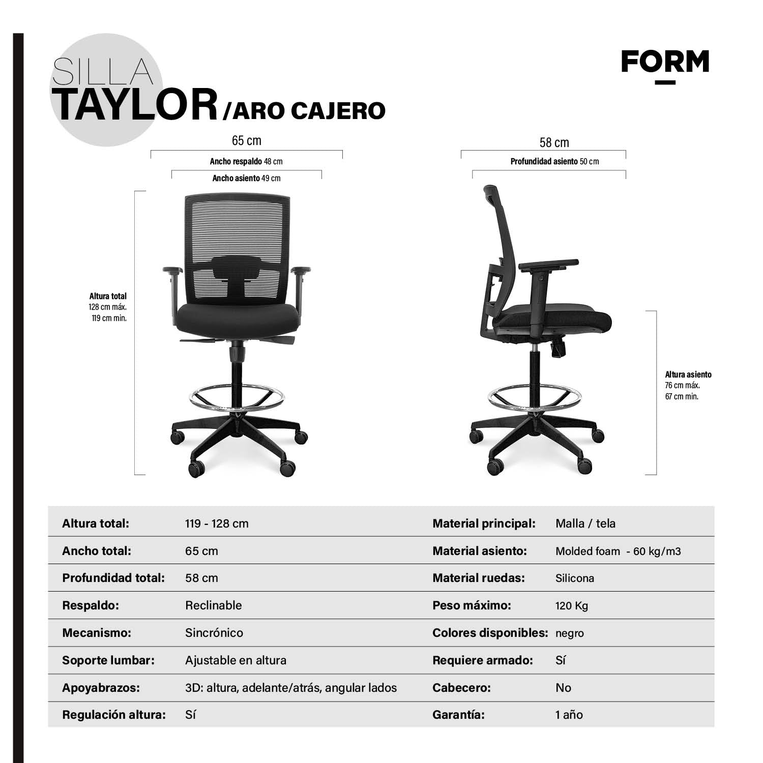 Silla Oficina Taylor con Aro Cajero Negro - Form Design