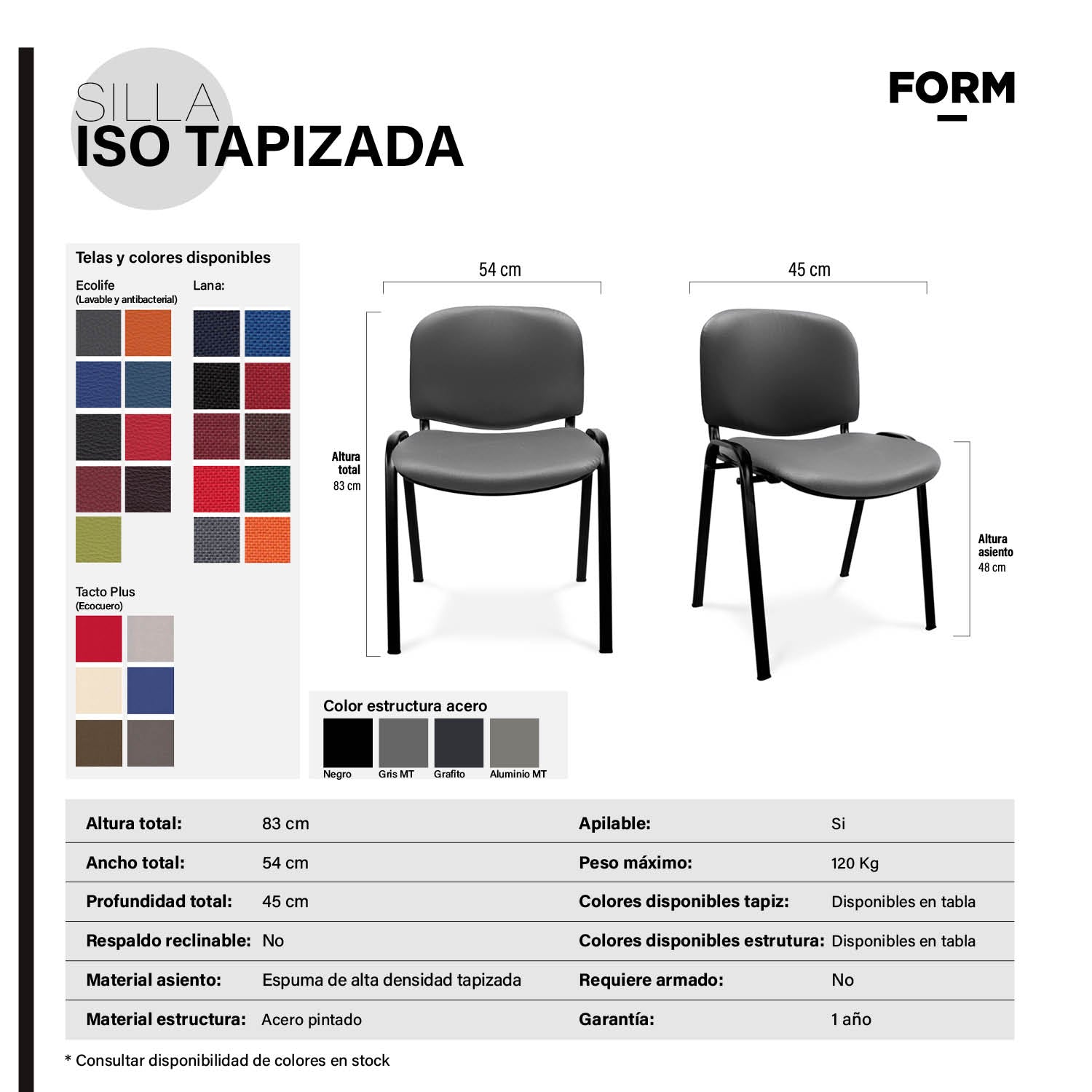 Silla Oficina Visita ISO Tapiz Ecocuero Gris Base Negro - Form Design