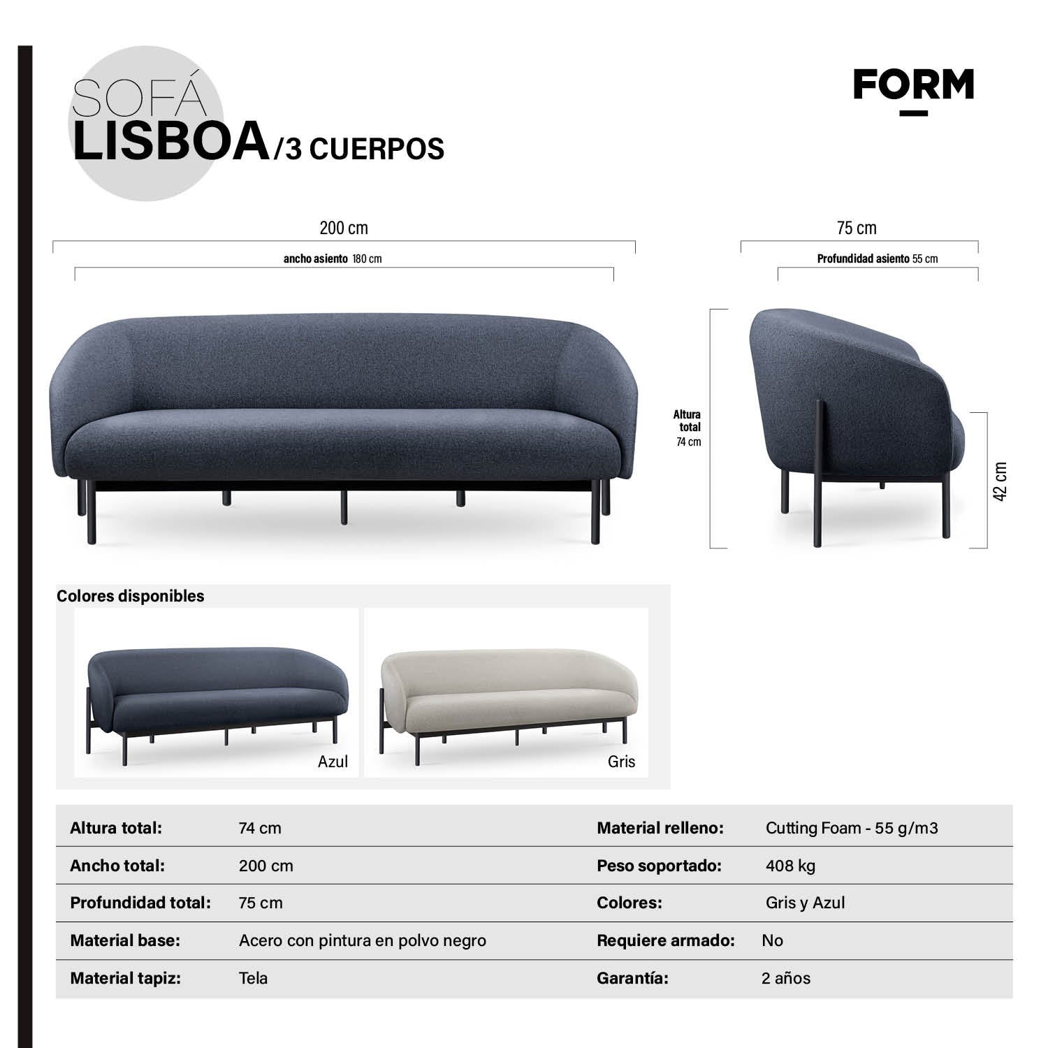 Sofá 3 Cuerpos Lisboa Azul