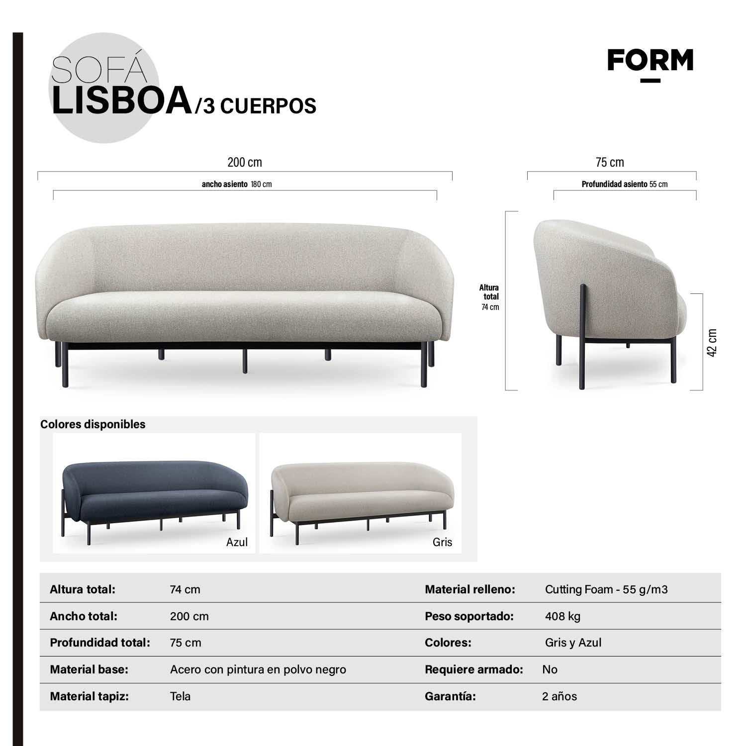 Sofá 3 Cuerpos Lisboa Gris