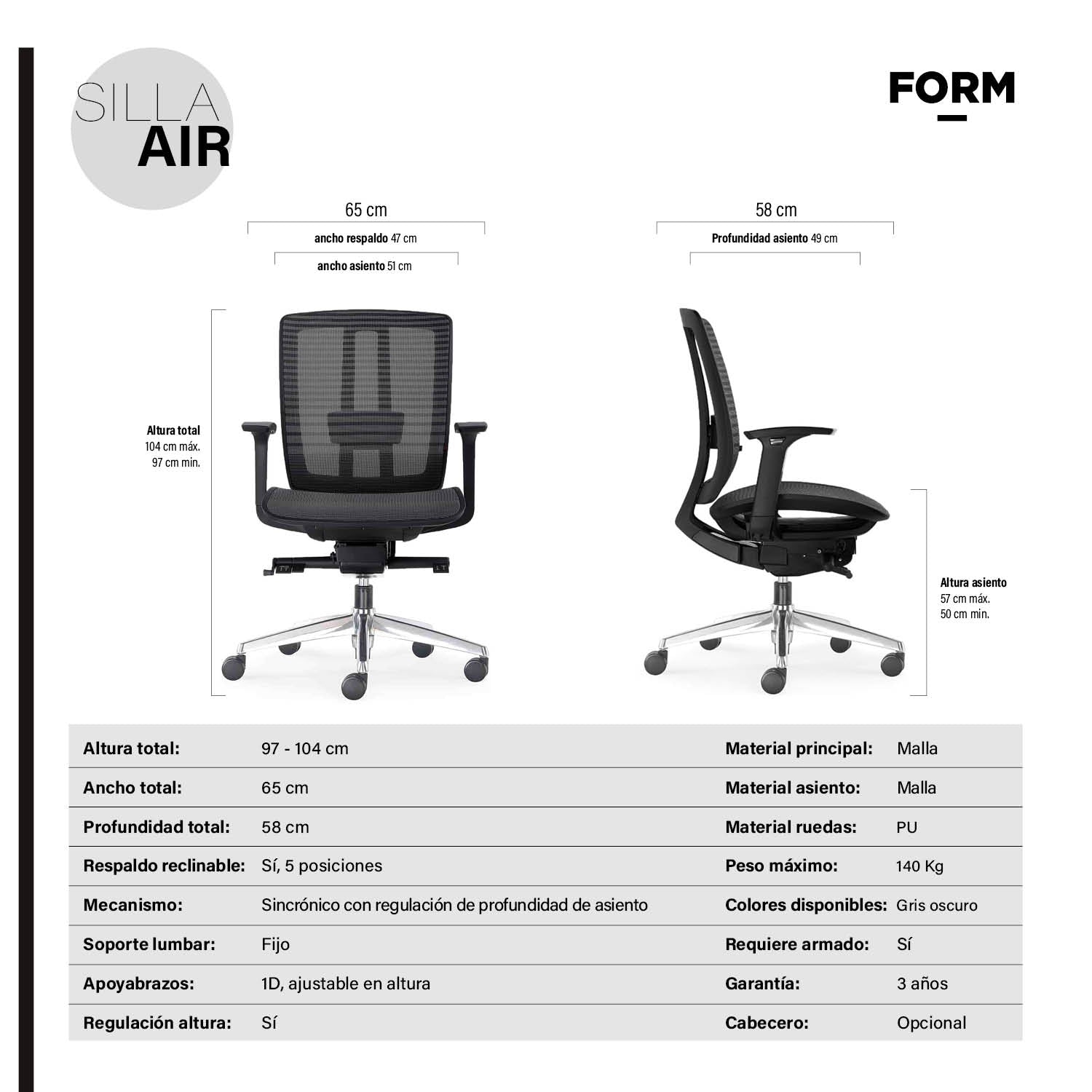 Silla Oficina Air Gris Oscuro