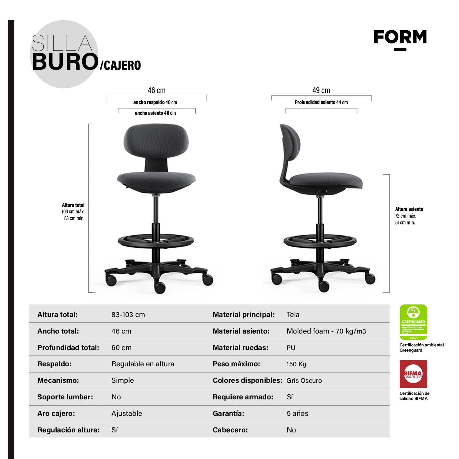 Silla oficina Buro Cajero Gris Oscuro