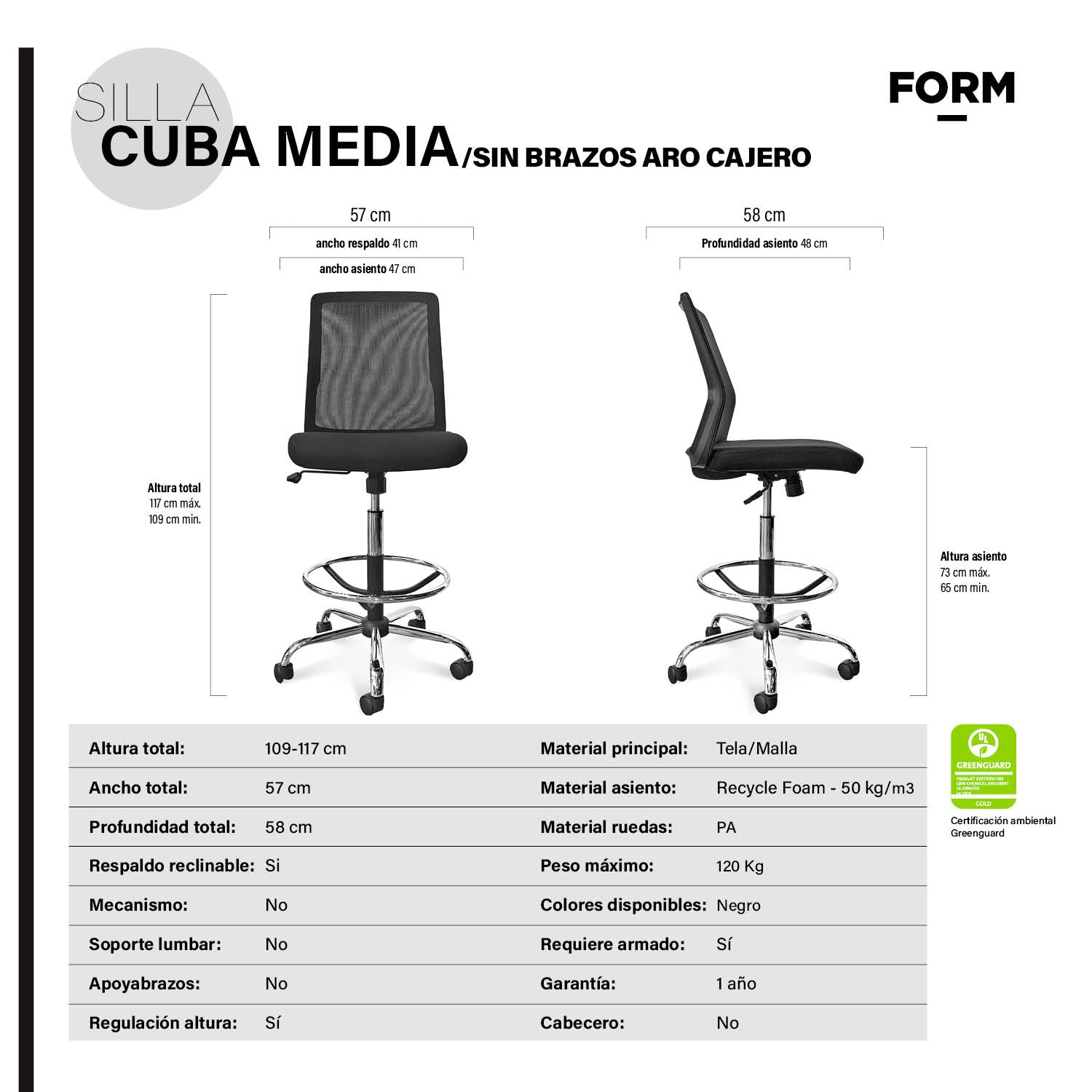 Silla Oficina Cuba Media sin Brazos con Aro Cajero