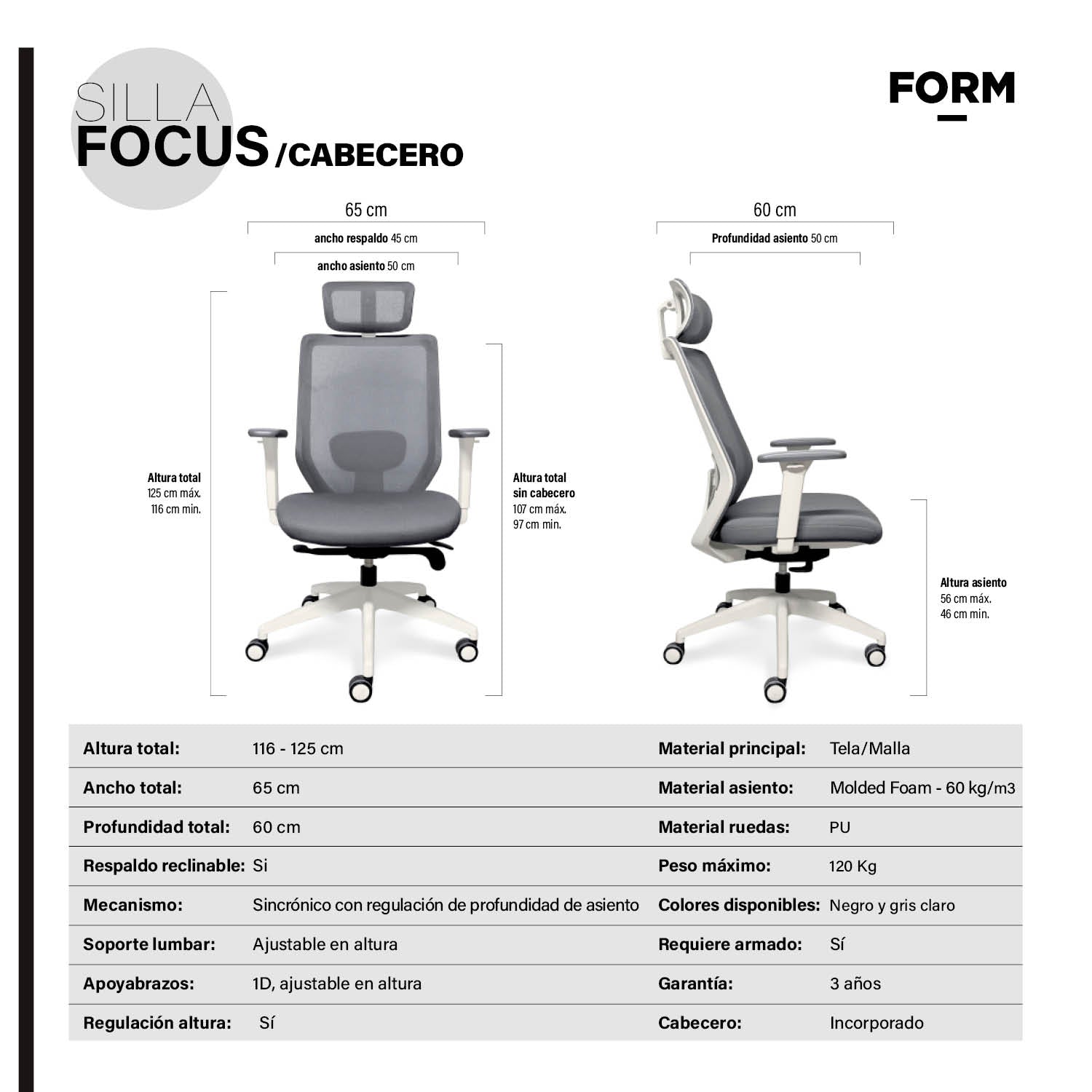 Silla Oficina Focus Gris Claro con cabecero