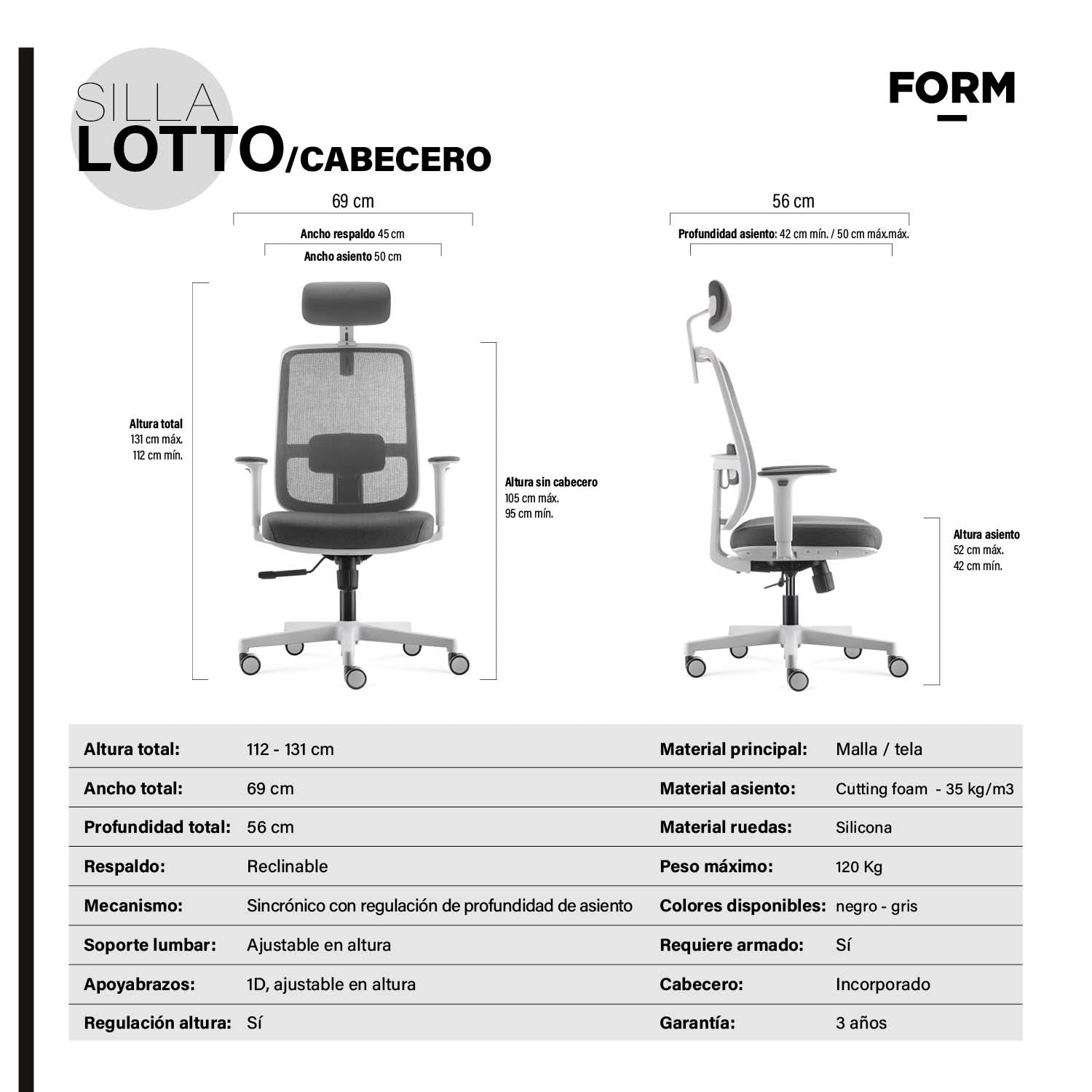 Silla Oficina Lotto con cabecero Gris Claro