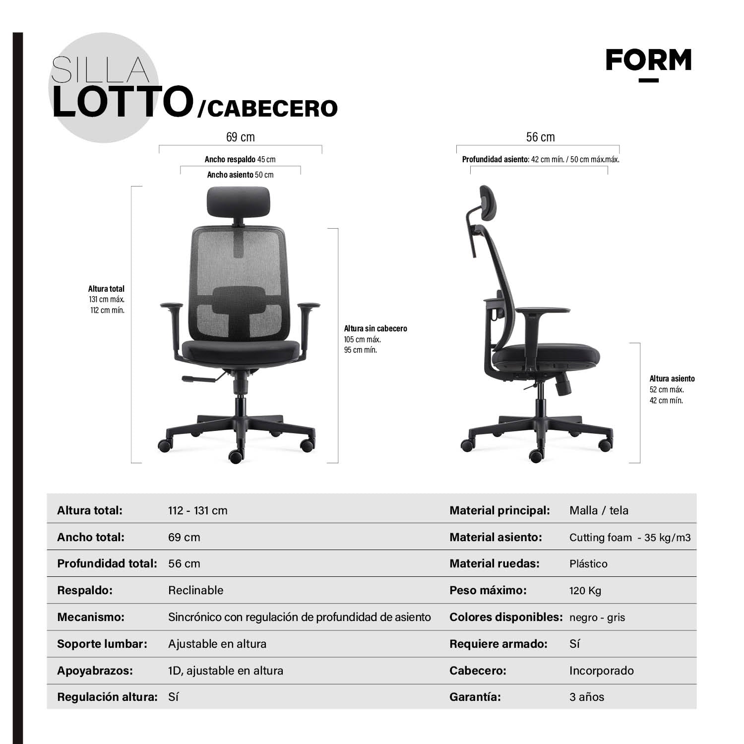 Silla Oficina Lotto con cabecero Negro