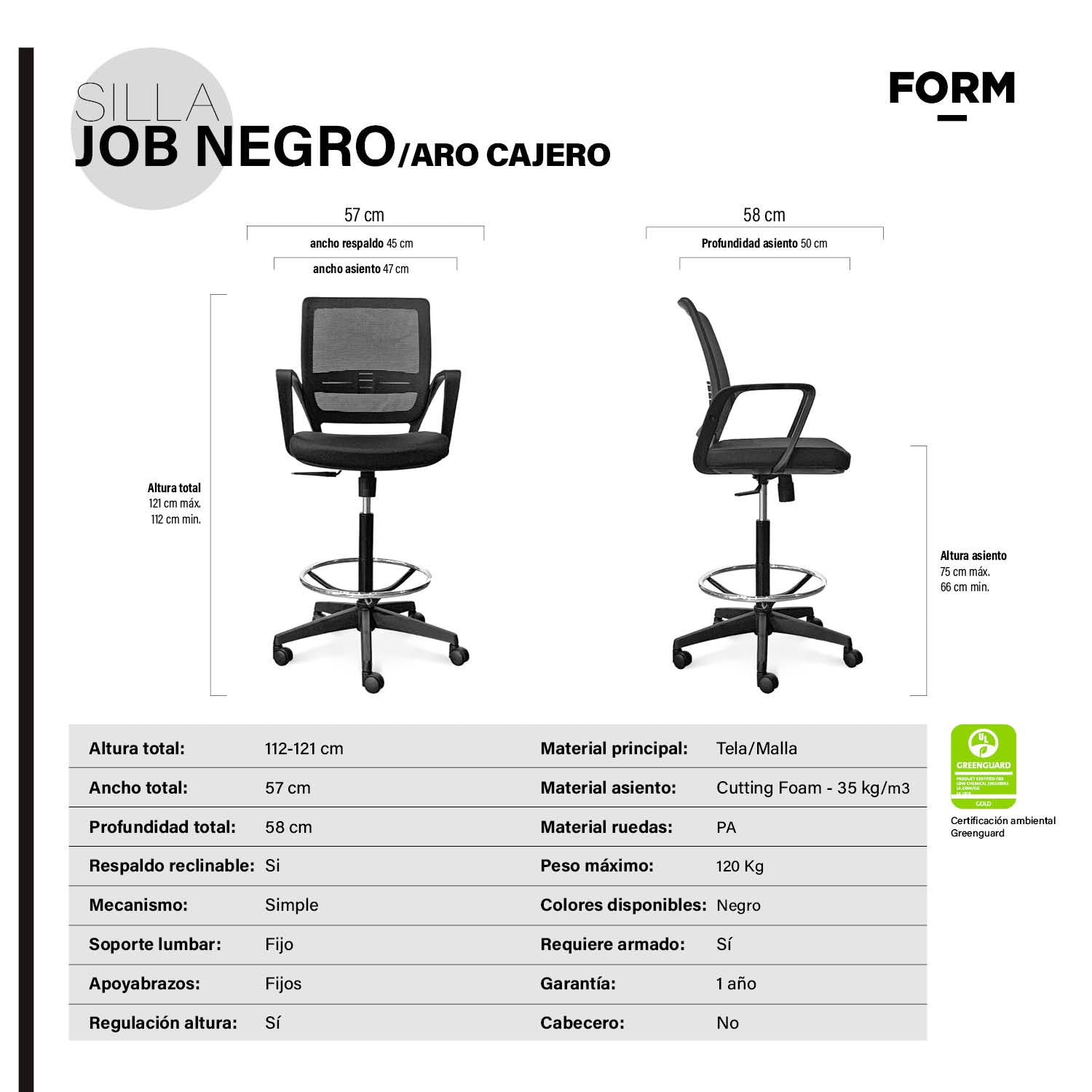 Silla Oficina Job con Aro Cajero Negro