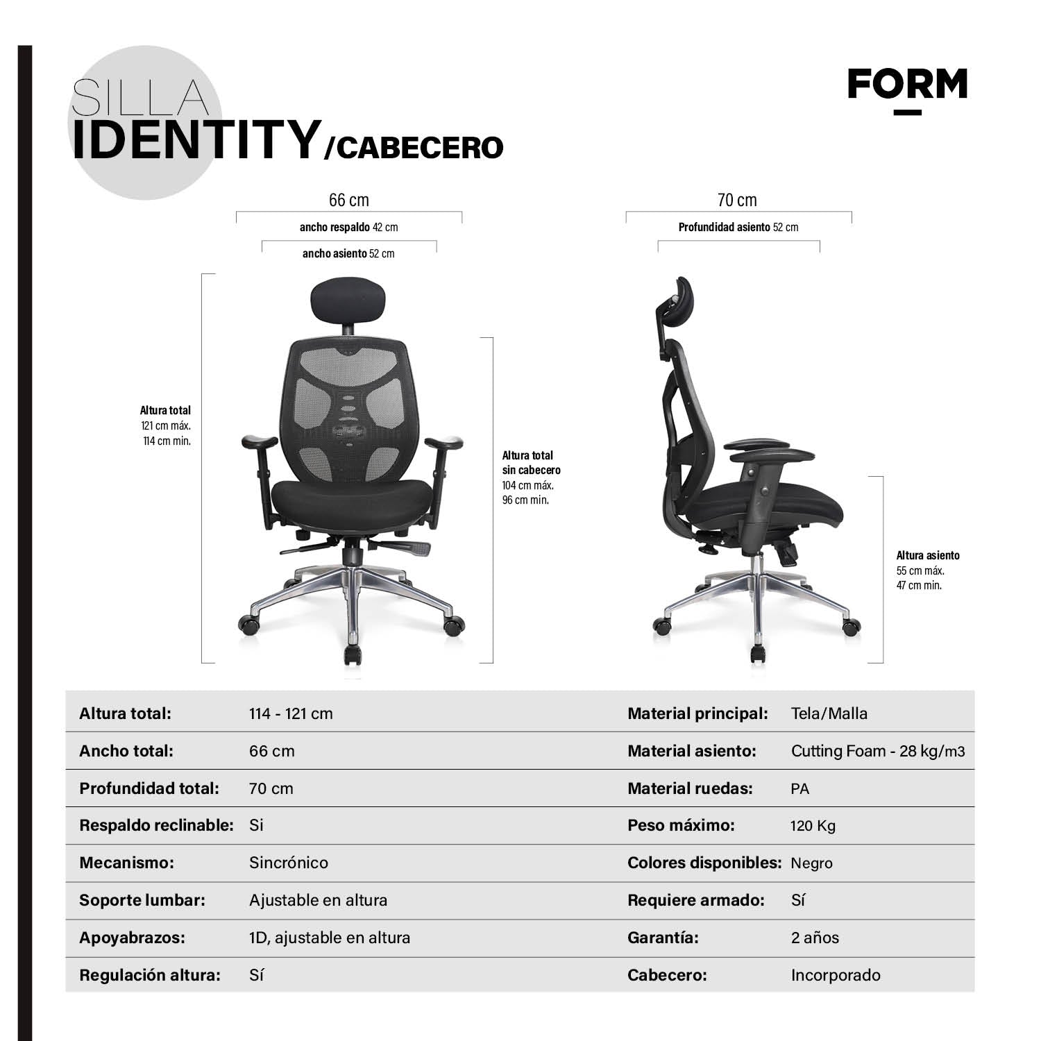 Silla Oficina Identity Base Aluminio con cabecero